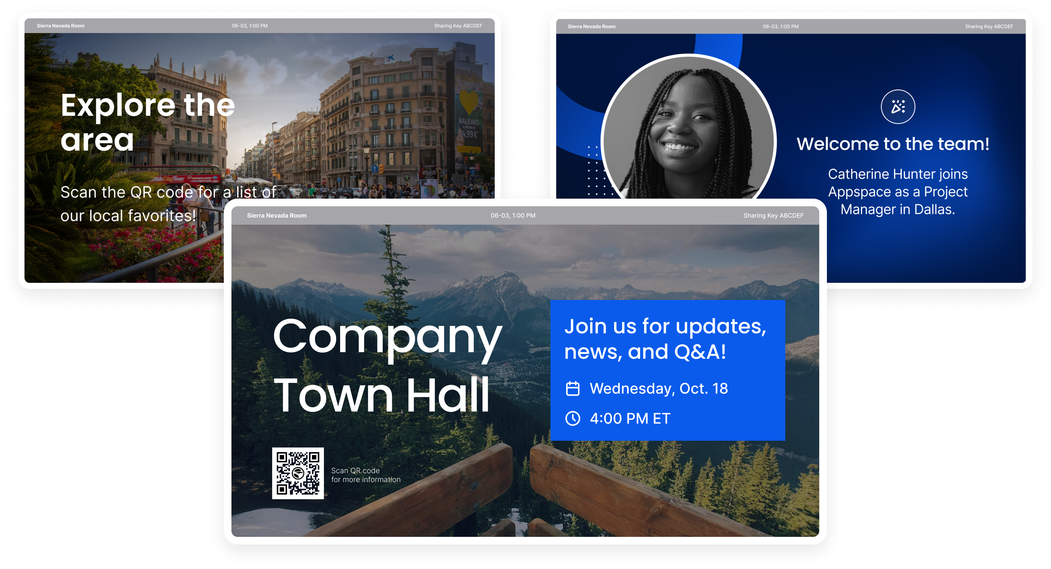 Appspace Templates: Employee Welcome, Local Guide, & Town Hall. Appspace digital signage templates showing employee welcome, local area guide, and company town hall announcement.