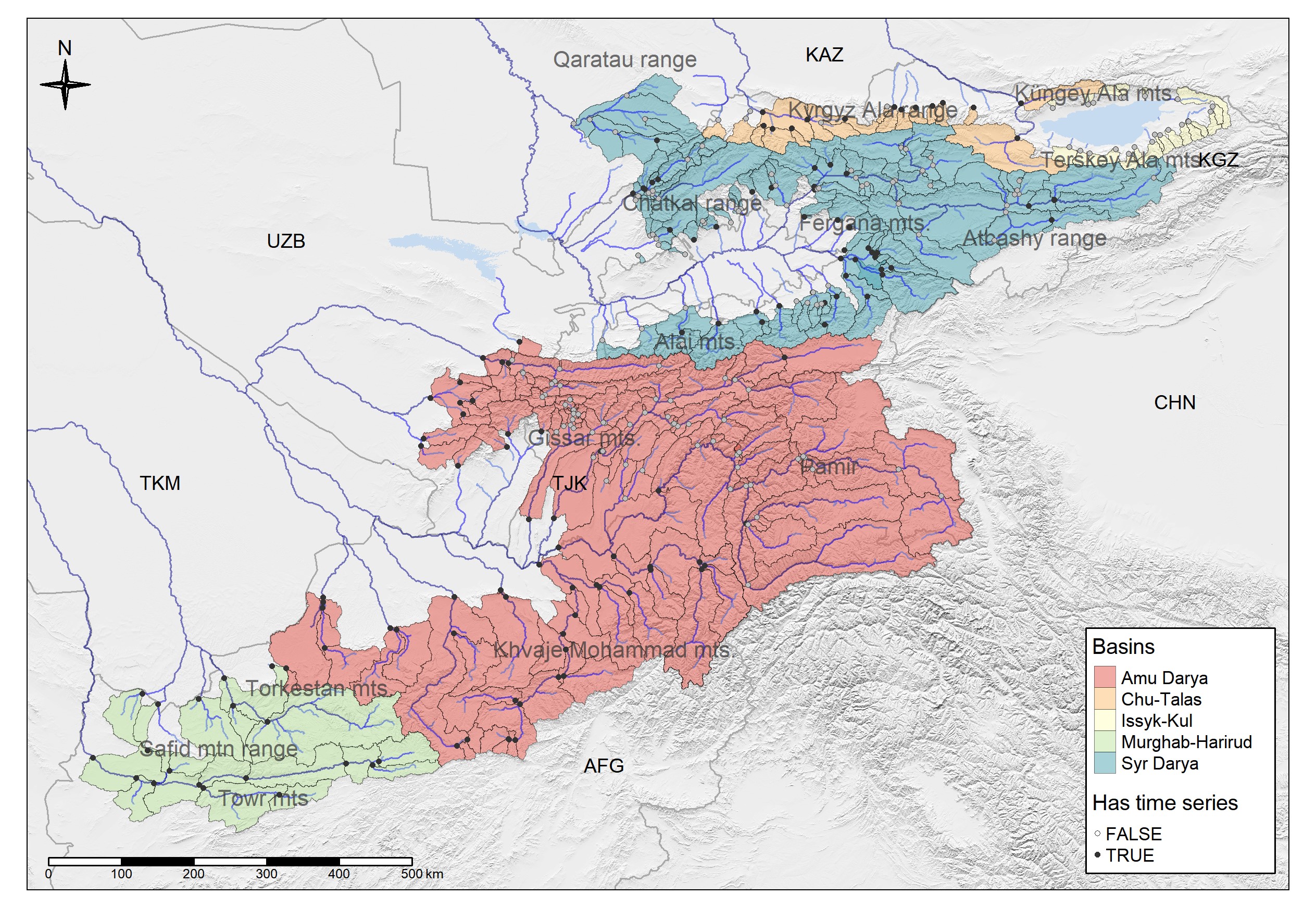 Overview over discharge locations with norm discharge as well as with or without time series data available in the CA-discharge data set.
