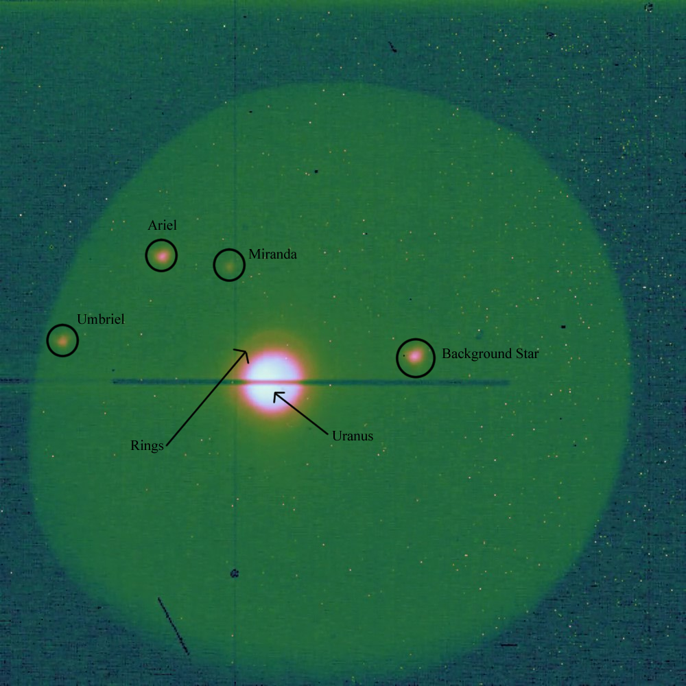 View of Uranus and its moons through the line of sight viewer (Kyle) on the Infrared Telescope Facility (IRTF). Labelled are the planet, rings and its moons