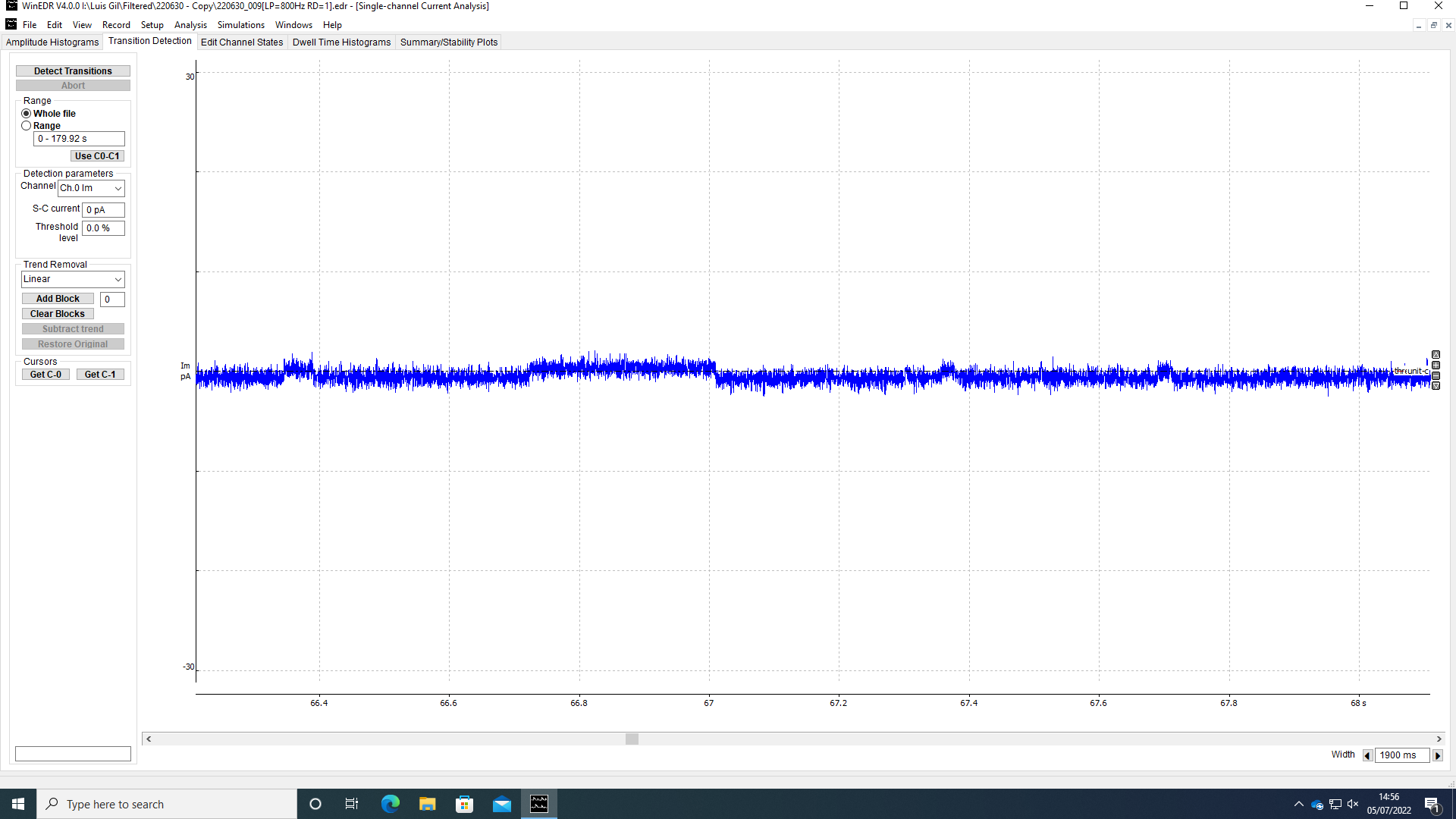 A very active MG23 channel voltage clamped at 0mv showing several openings in WinEDR4.00 software