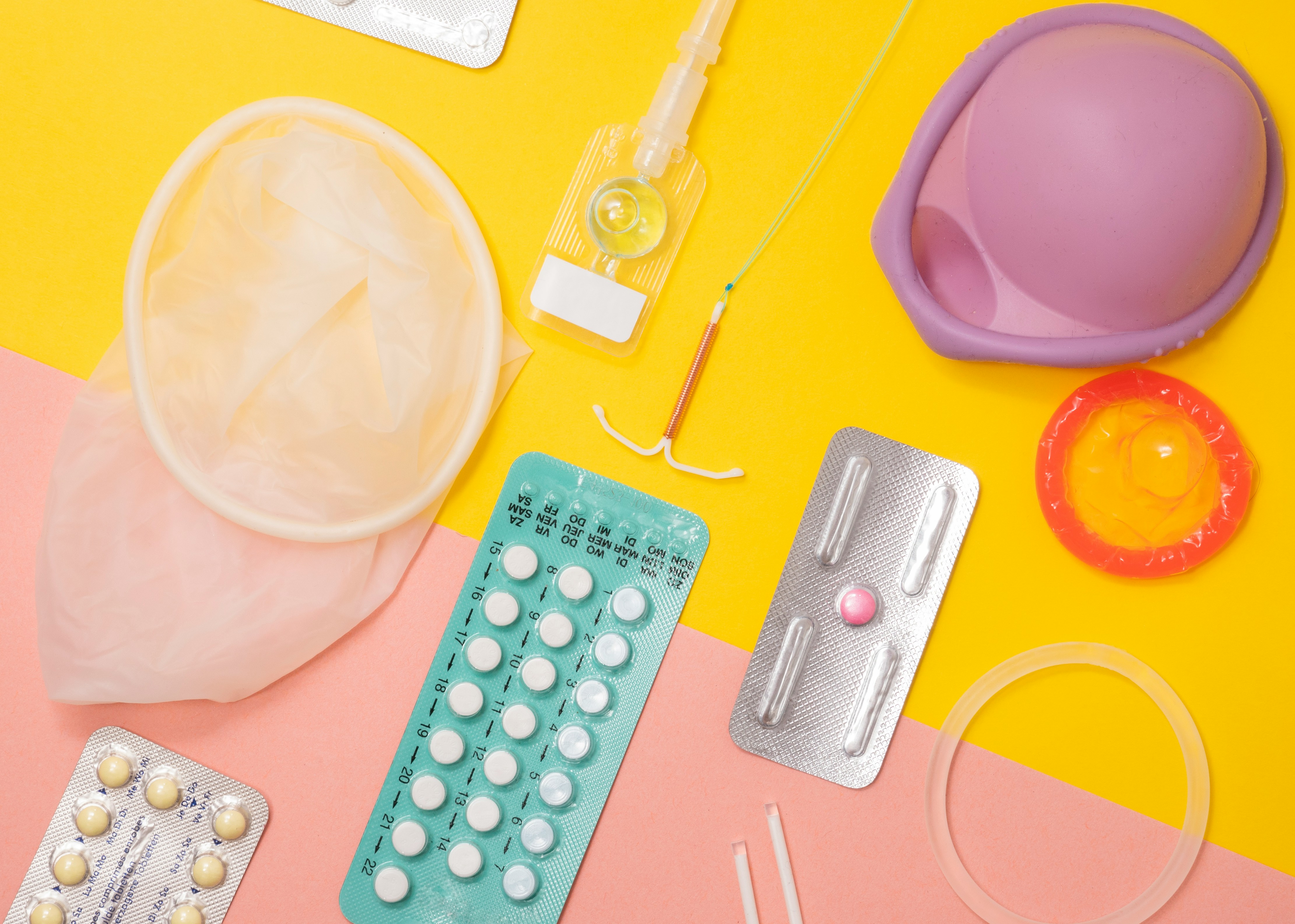 Different types of contraception methods on a yellow and pink background.