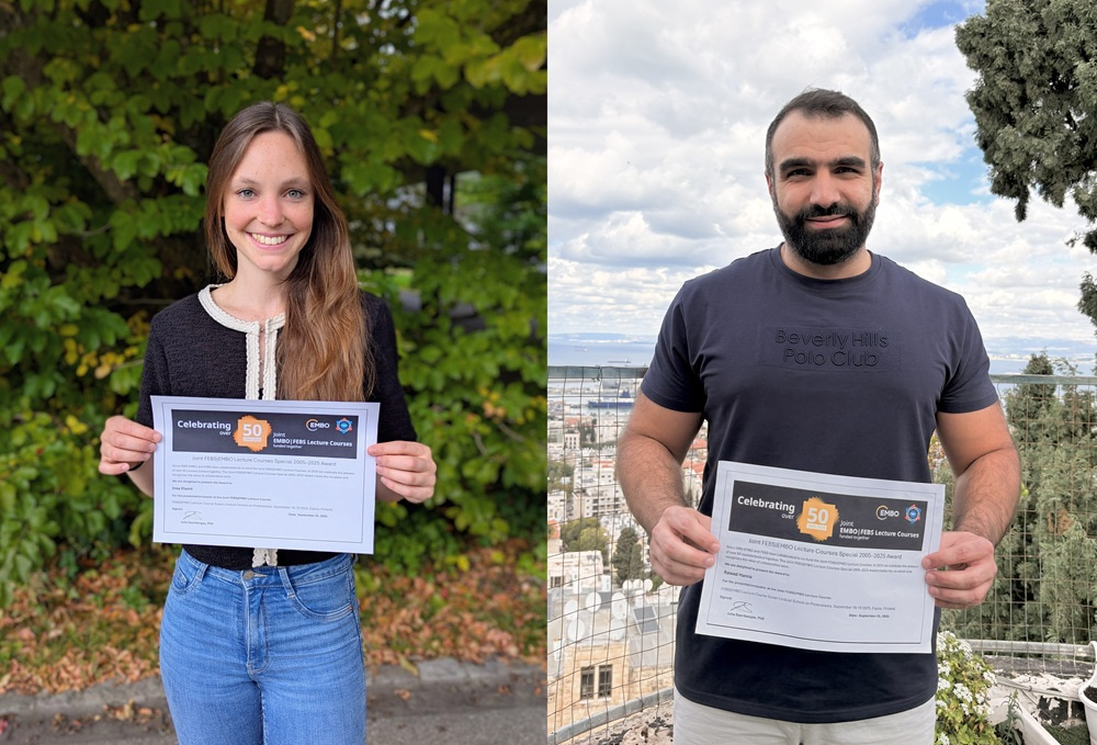 Two photos side by side, each of a young scientists holding an award certificate.