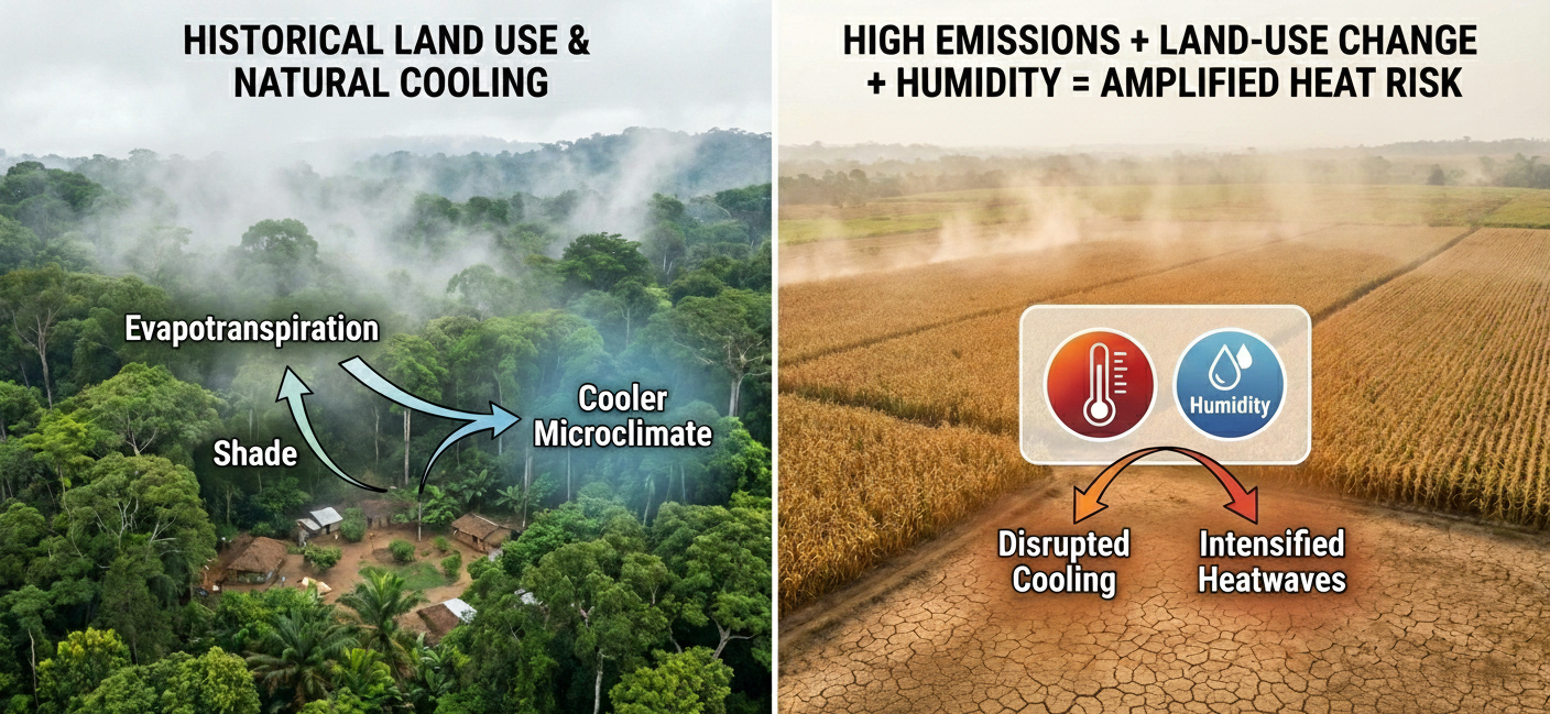 As forests are cleared for cropland, the loss of natural cooling mechanisms could cause heatwaves in parts of Africa to last 12 times longer by 2100, creating "near-perennial" heat states.