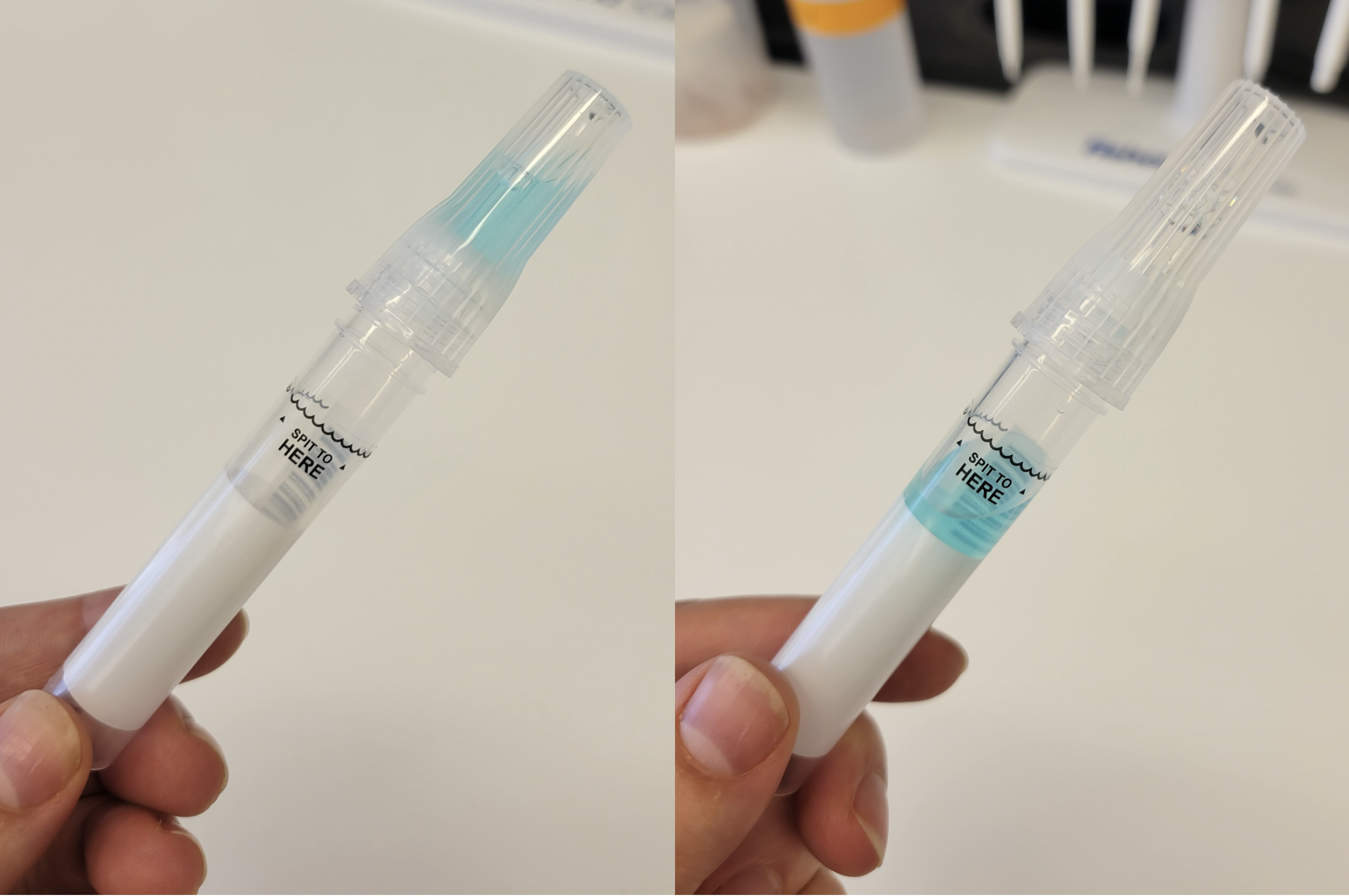 Two panels of a hand holding a clear plastic tube. On the left the large cap of the tube is filled with a light blue liquid. On the right the cap is empty and the liquid is in the tube.