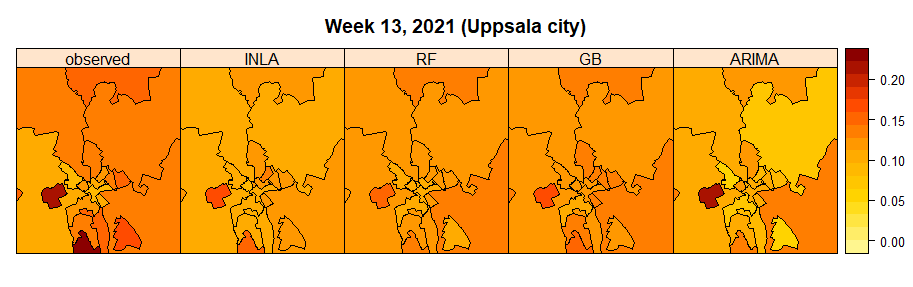Map with spatio-temporal predictions of test positivity in Uppsala, Sweden