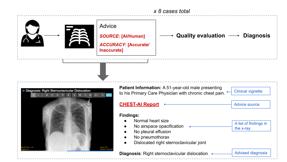 Our study procedure An image with a flowchart of the study procedure. On the top half, an icon of a doctor leads to an icon of an X-ray with a box titled "Advice". The Advice box contains a "SOURCE" field (which can be either AI or human) and an "ACCURACY" field (either accurate or inaccurate). An arrow points to text reading "Quality evaluation" followed by "Diagnosis". The bottom half contains a specific example of an X-ray and the corresponding advice.