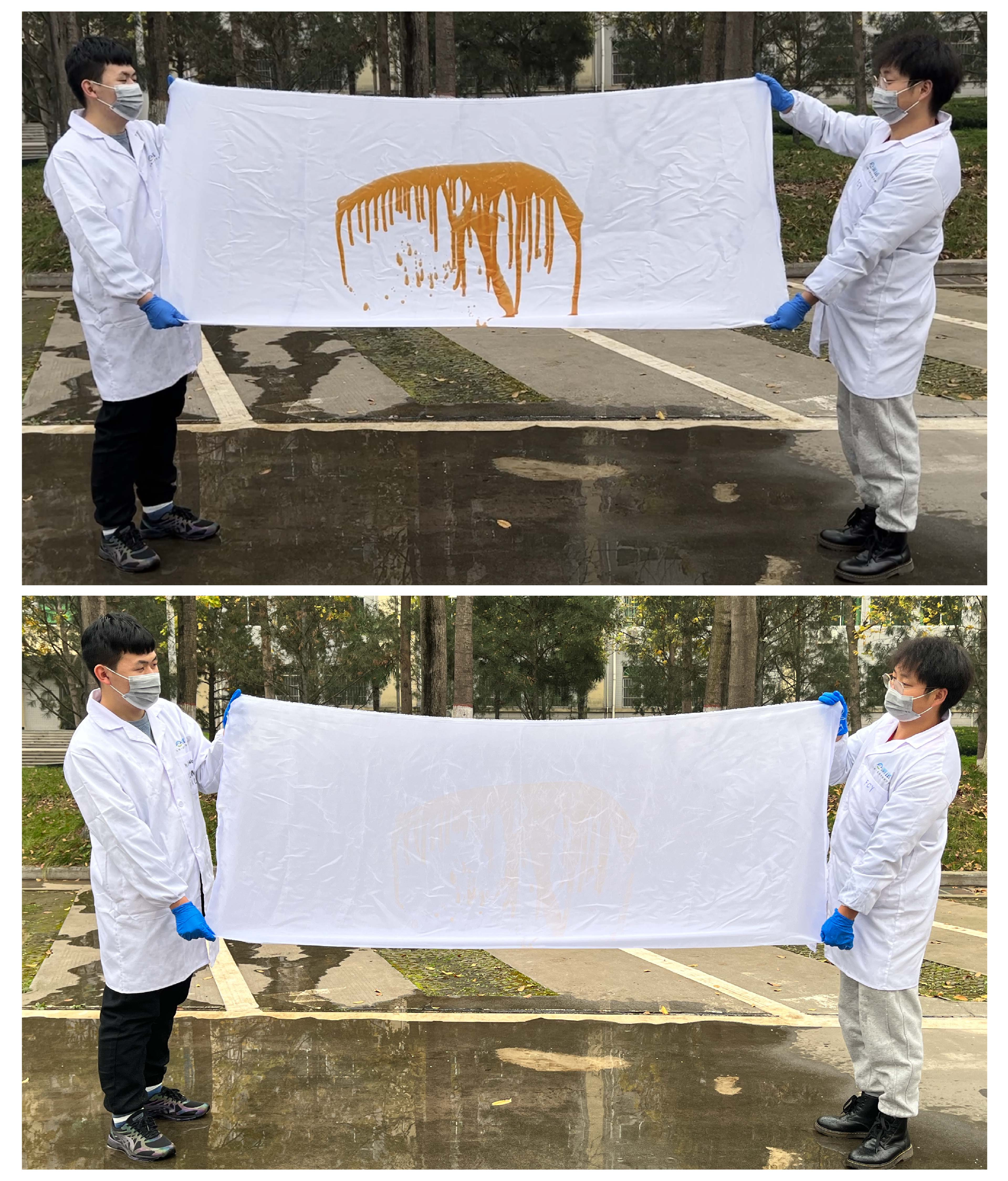 Cleaning effect of PTL-pSBMA modified silk with a size of 0.8 m×2 m.