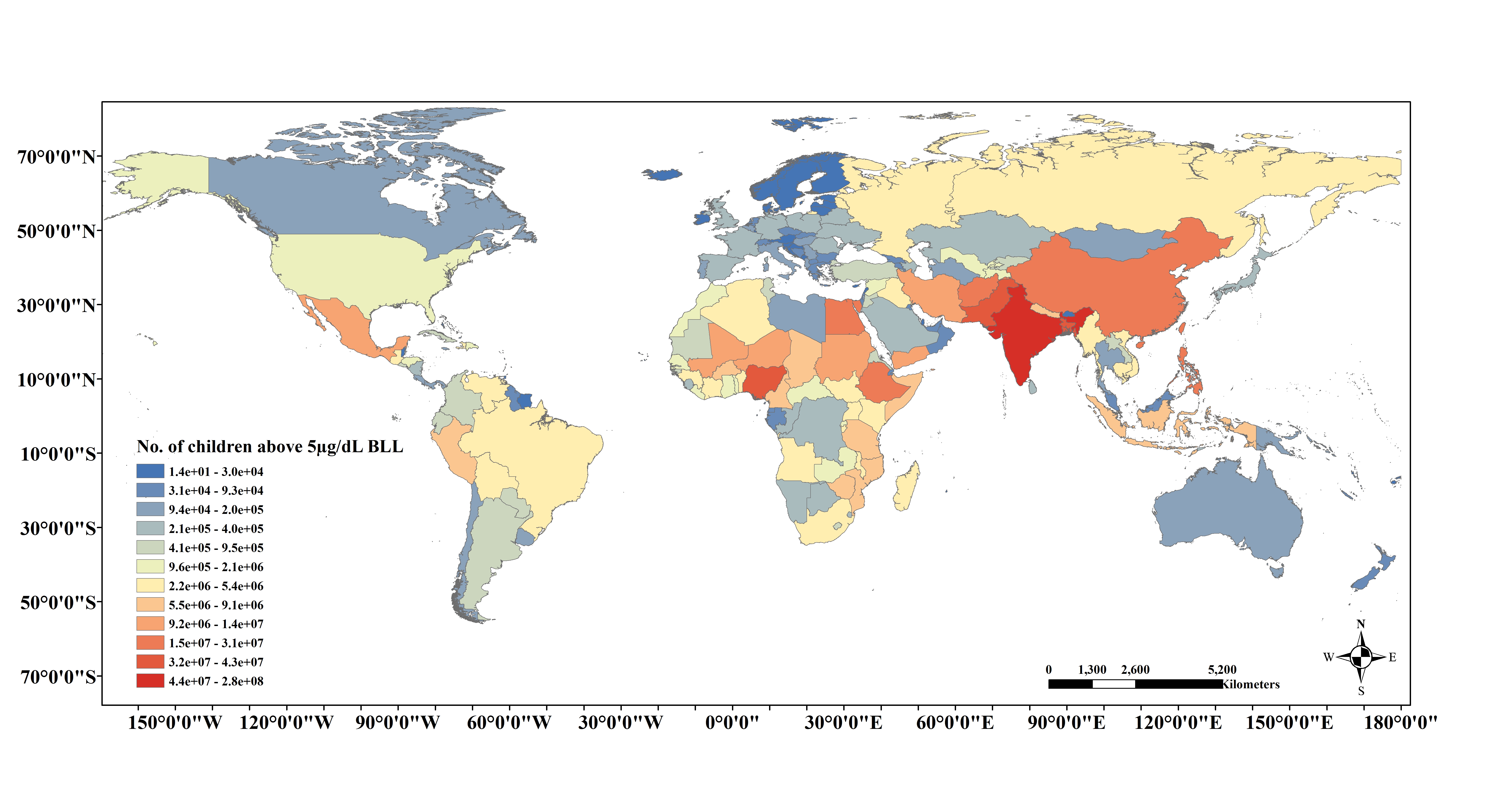 Number of Children having Blood Lead Level (BLL) greater than 5 microgram/deciliter by country