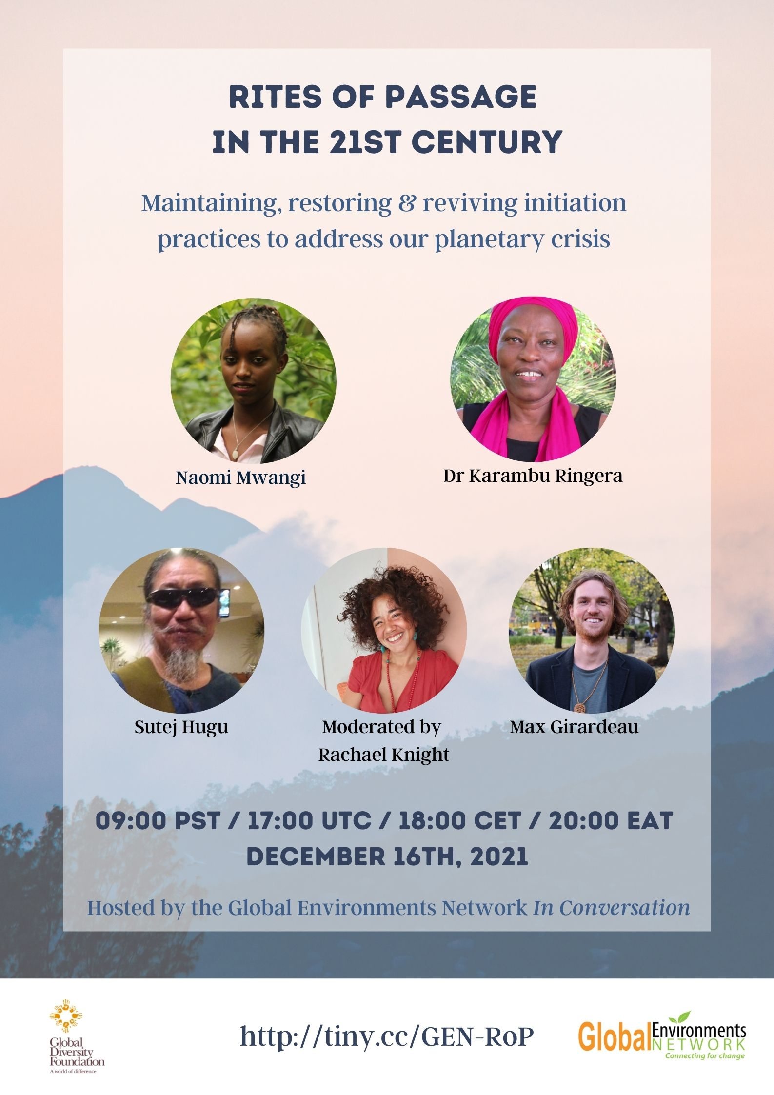 Poster for an event on Rites of Passage in the 21st Century, featuring event details, photos of speakers and the moderator