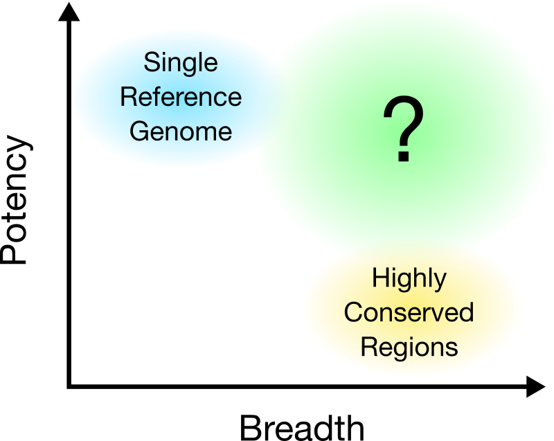 Sensitivity trade-off between potency and breath in choosing how to target a pathogen’s genome. We wanted to explore the balance between the two (the green “?” region).