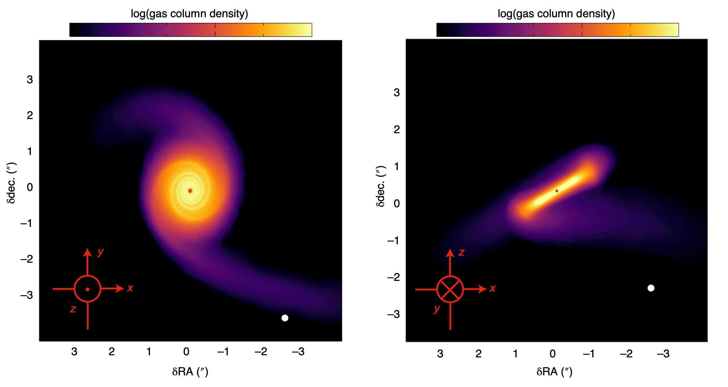 Two views of the gas column density in the hydrodynamical Phantom simulation of a stellar flyby. The system is shown 14 kyr after the perturber has gone through the pericentre. Adapted from Figure 4 in Dong et al. (2022).