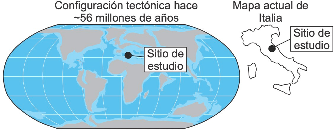 Área de estudio con su posición paleogeográfica y su ubicación actual en Italia. Modificado de Piedrahita et al. (2024), Nature Communications.