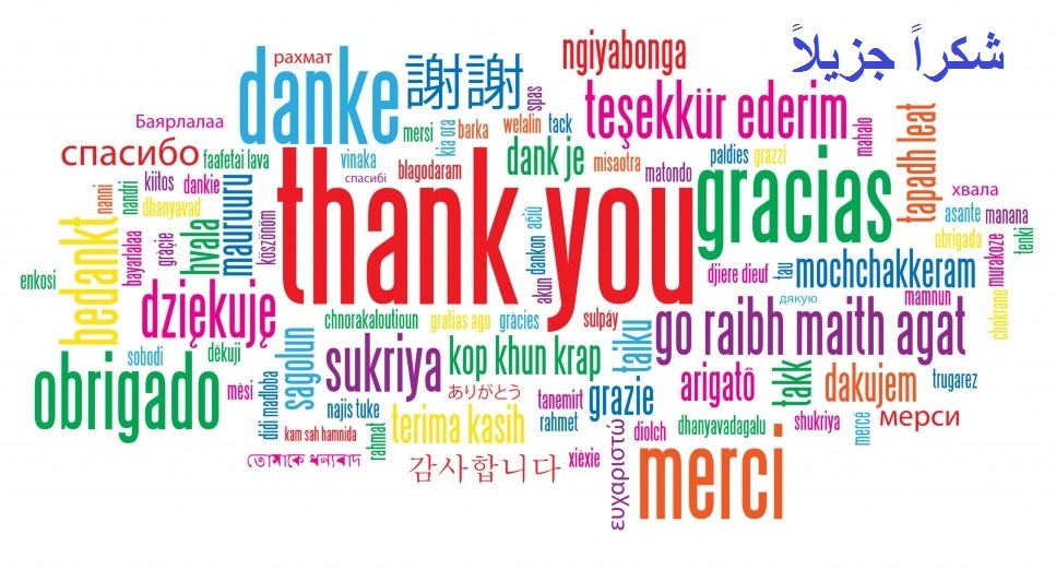 Word cloud of the phrase Thank You in different languages and colours