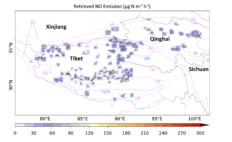 Substantial NO emissions from TP lakes. The purple lines depict the locations of main mountain ranges, and the blue lines depict the locations of major rivers.