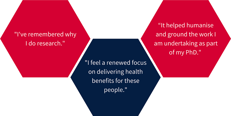 Three quotes in solid haxagonal shapes, with feedback from the project's staff and students.