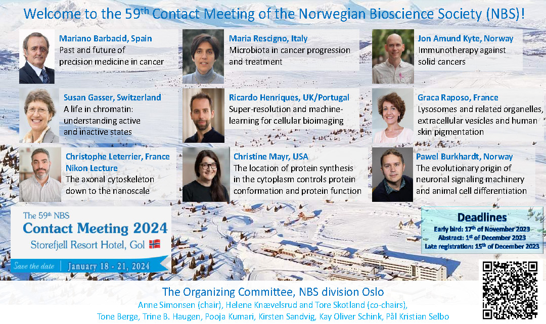 A poster showing the nine plenary sessions, displaying photos of the speakers and talk information, for the NBS 59th Contact Meeting.