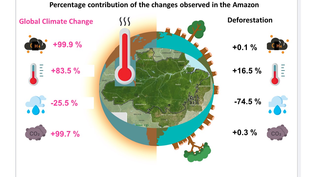 Percentage share of global climate change and deforestation in driving changes in greenhouse gases (methane and carbon dioxide), maximum surface air temperature, and precipitation across the Amazon during the dry season.