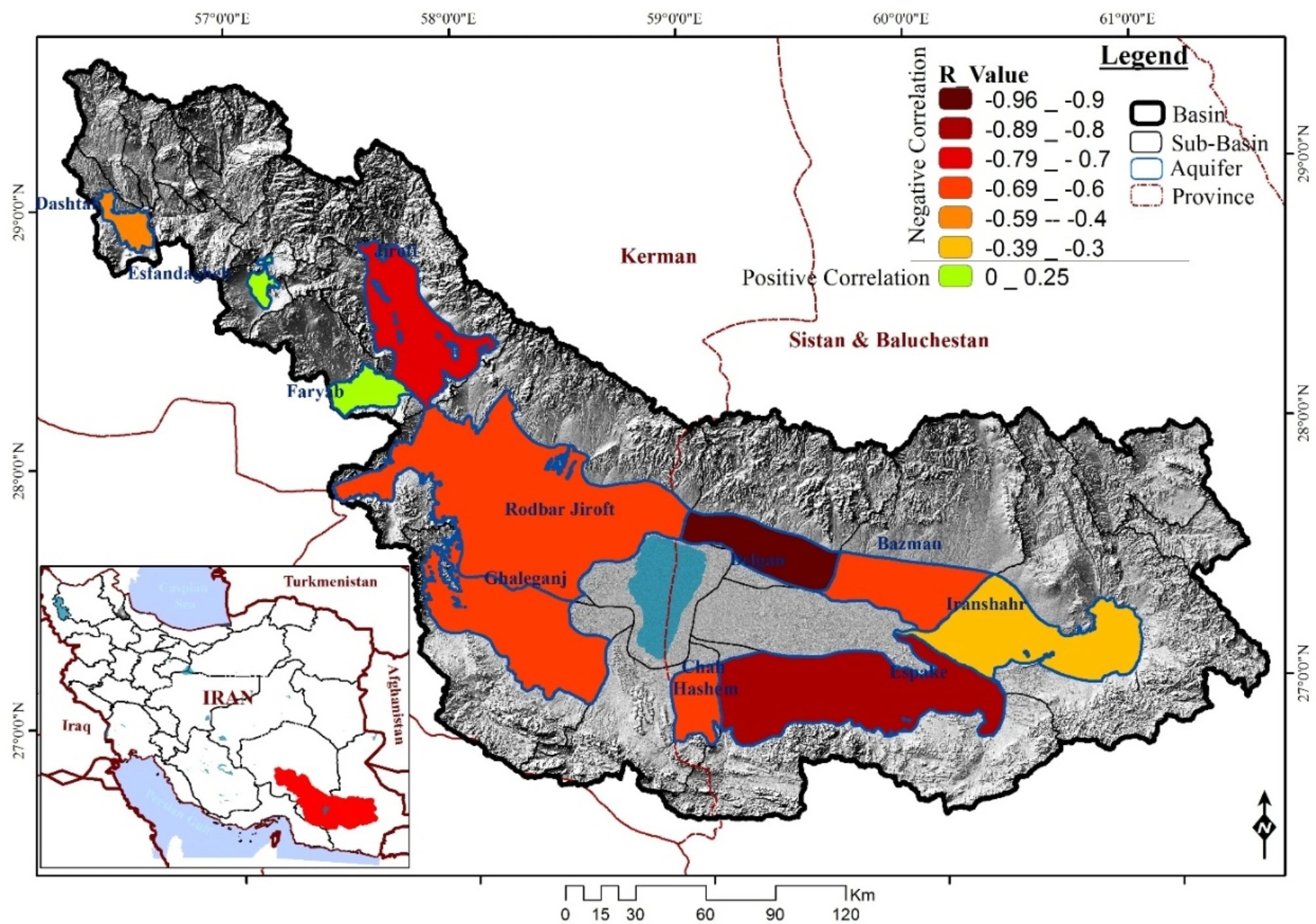 Groundwater connection - R-value relationships between EC and GRI in Jazmurian Basin’s aquifers