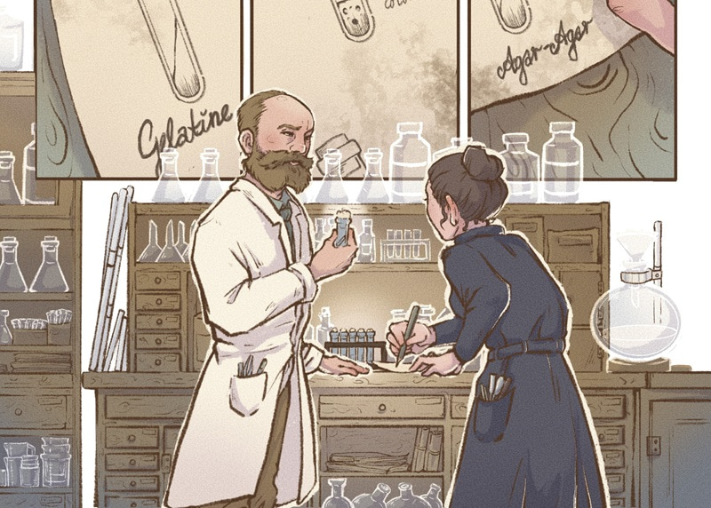 Drawing of Walther and Fanny Angelina working in a lab.