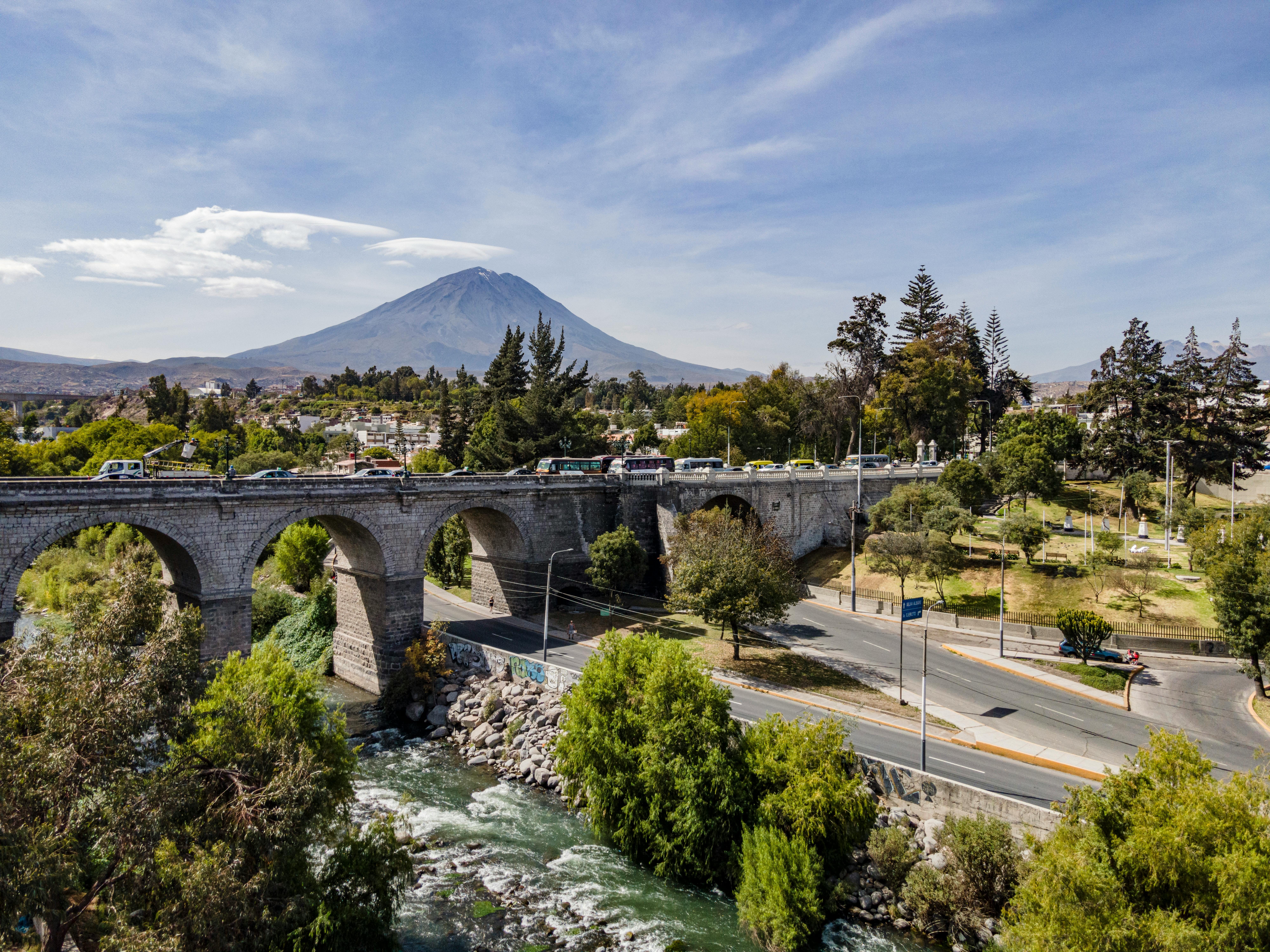 Scenic Photo of Puente Grau in Arequipa with the Misti Volcano in the Background