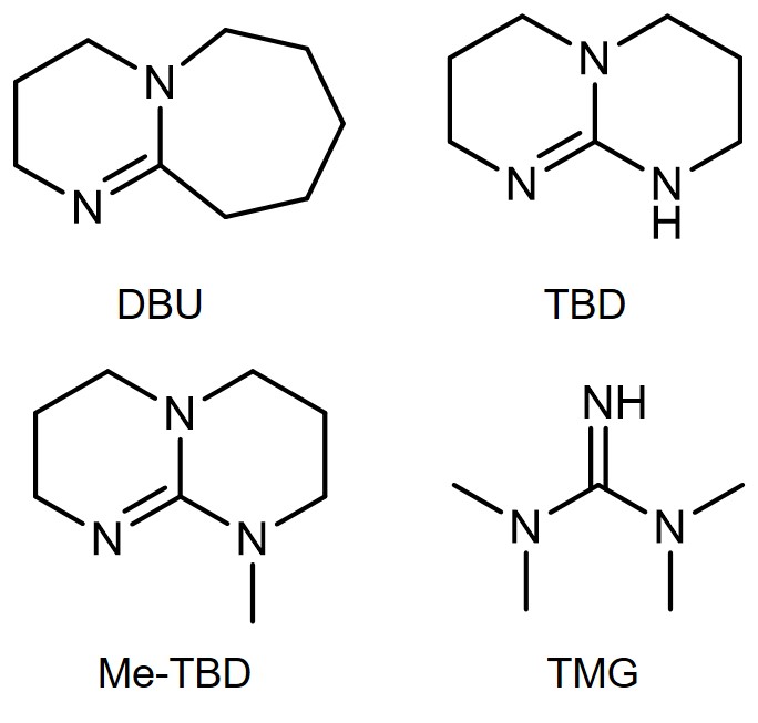 Fig. 1 Molecular structures of the used organic superbases. DBU has an amidine moiety with bicyclic-ring structure. TBD and Me-TBD also have the bicyclic rings with a guanidine moiety. TMG shares the guanidine structure but the molecular shape is linear. We found that the slight difference in the chemical structures crucially affects the stability of doped CNTs.