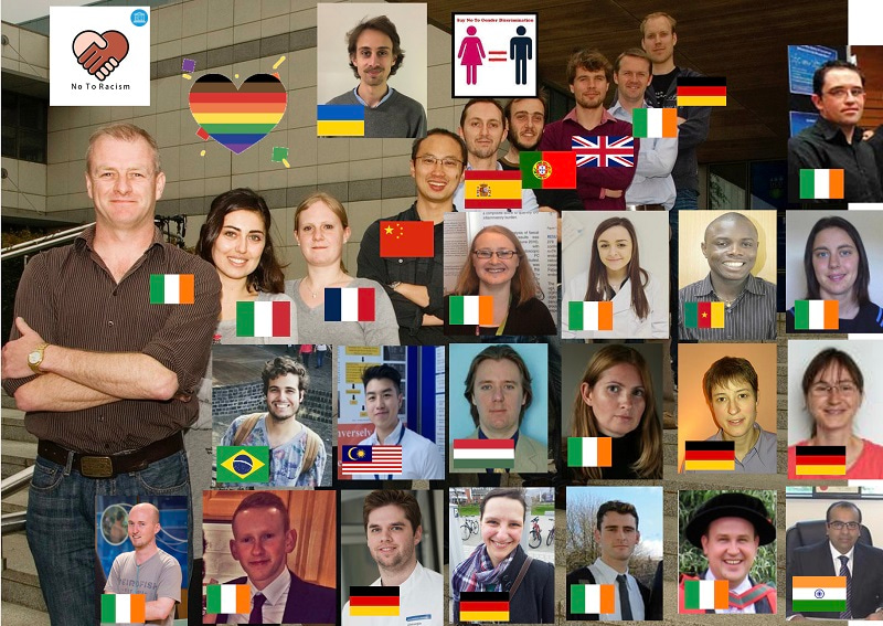 Collage of portrait photos of Cormac Taylor's PhD students, with their country flag next to their photos.
