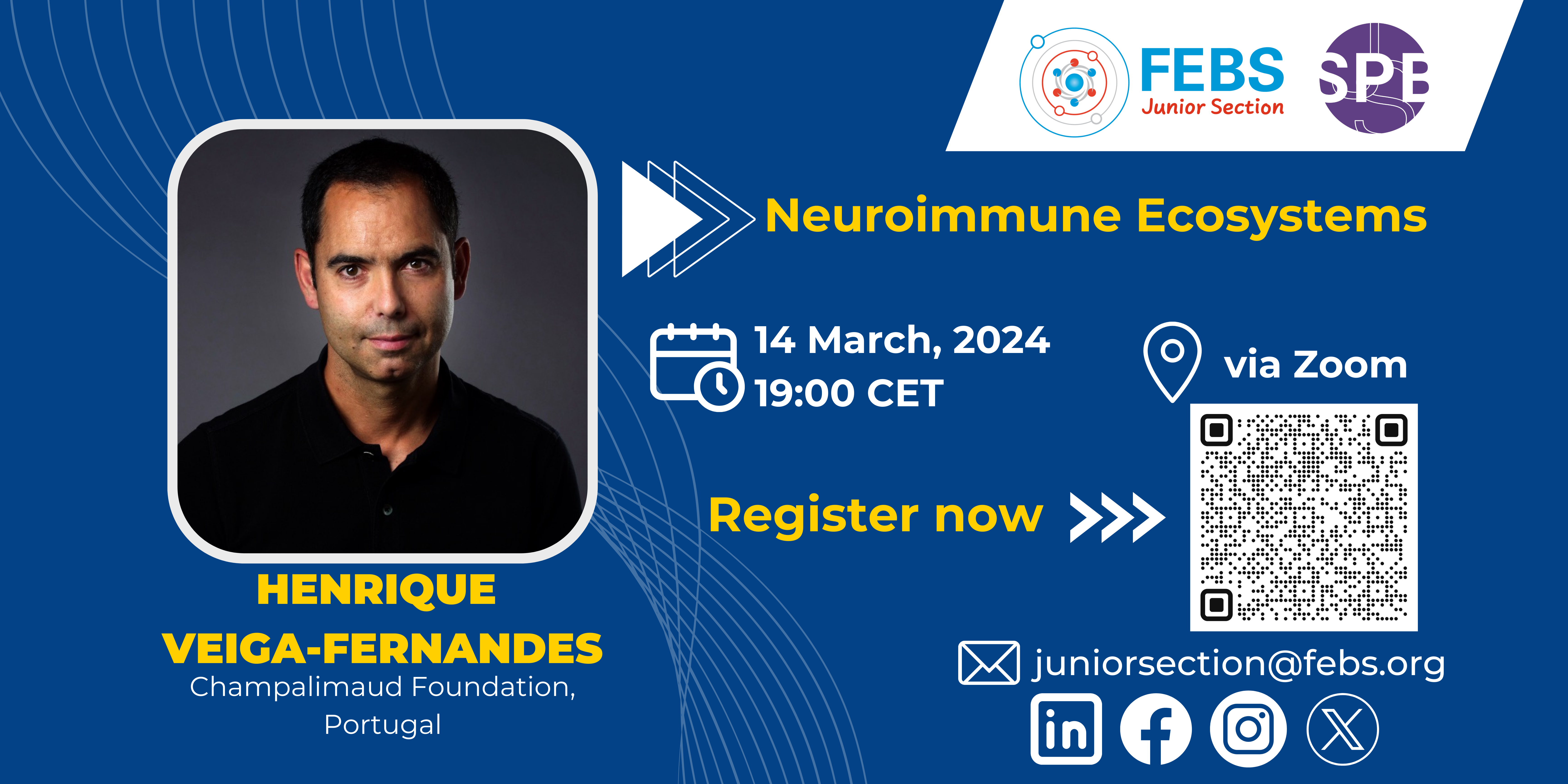 Image advertising the registration with QR code for the FEBS Junior Section online talk with Dr Veiga-Fernandes.