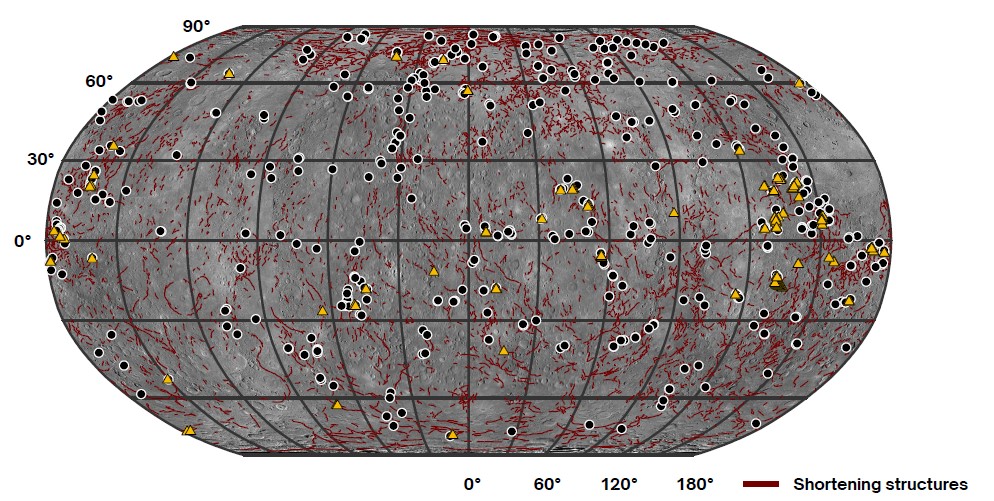 Map of Mercury, showing that young extensional grabens are globally distributed.