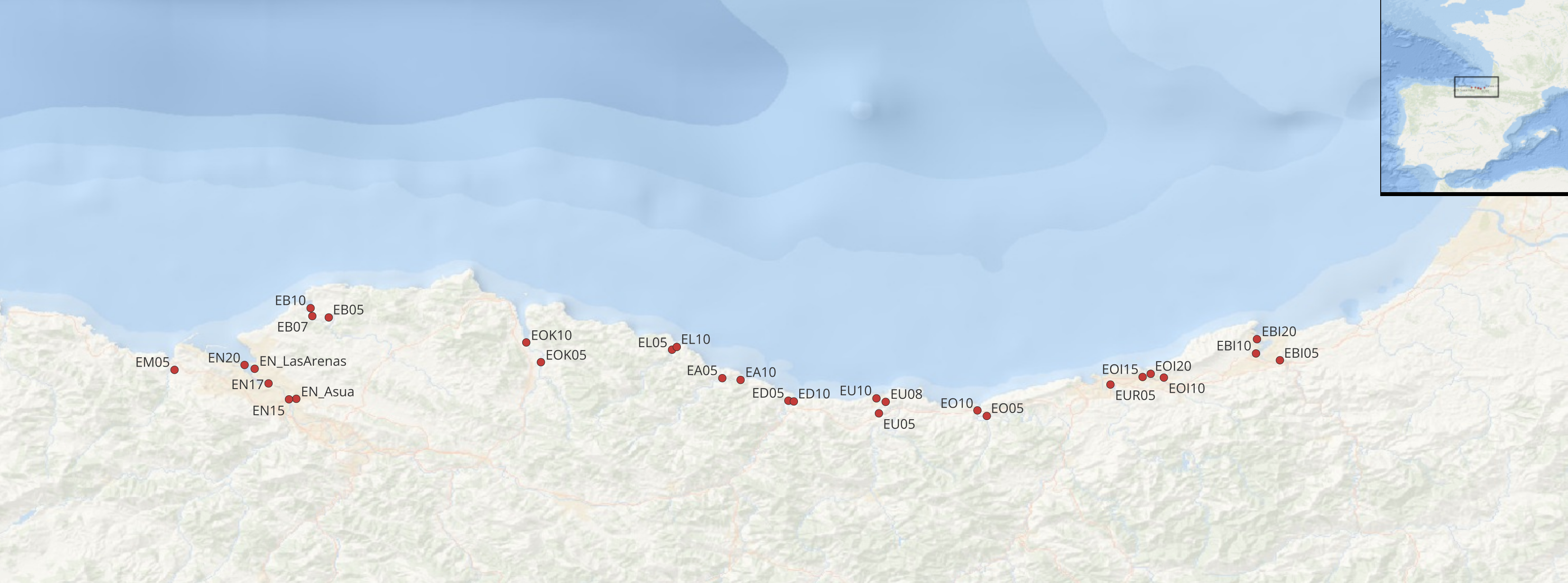 Map showing the 29 sampling stations across 12 estuaries along the Basque coast. These locations span a gradient of salinity and anthropogenic pressures, providing a diverse ecological context for the study.