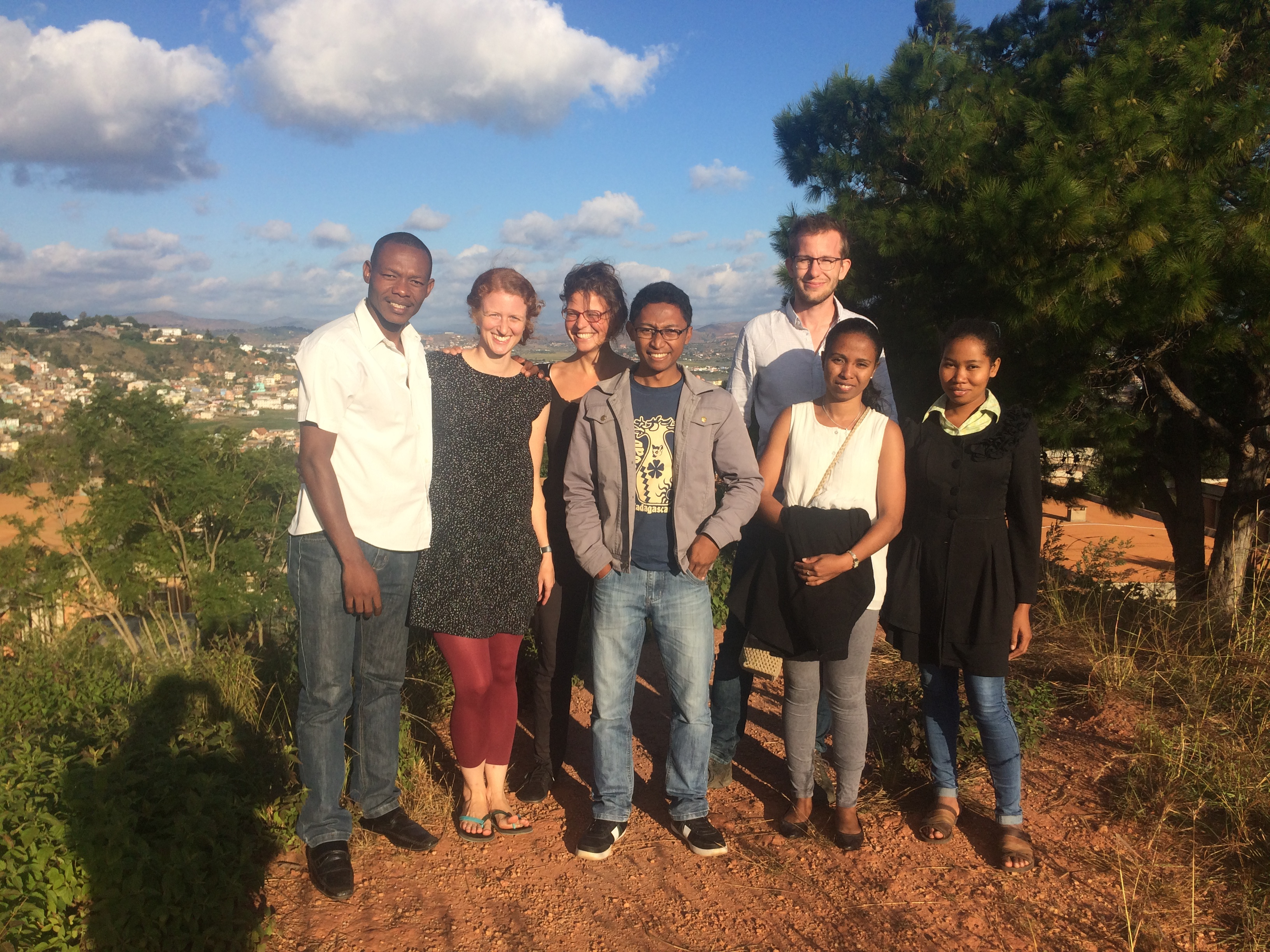 Group photo of the Diversity Turn in Land Use Science PhD students leading the biodiversity assessment. From left to right: Thio Rosin Fulgence (reptiles & amphibians), Annemarie Wurz (butterflies), Kristina Osen (trees), Anjaharinony A.N.A. Rakotomalala (ants), Dominic A. Martin (birds), Estelle Raveloaritiana (herbaceous plants), Marie Rolande Soazafy (trees).