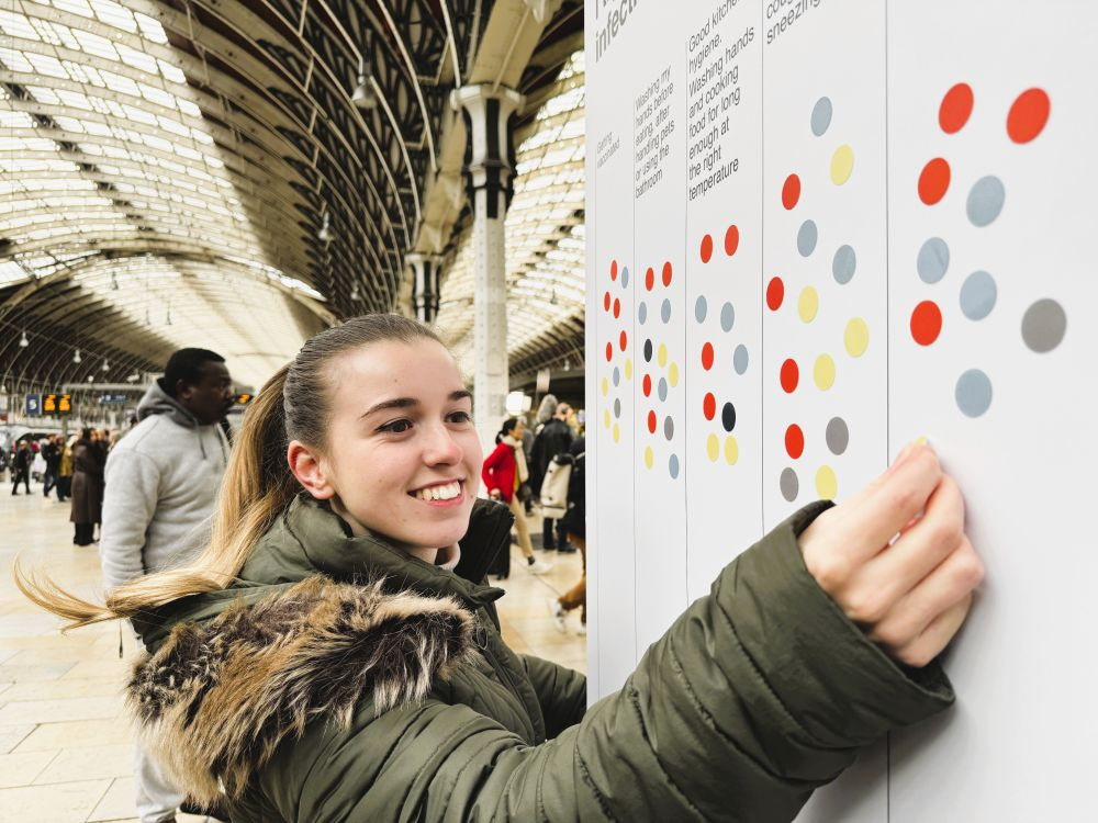A young smiling woman in a green coat smiles places a colored sticker on a public feedback board on a busy train station concourse. The board features multiple columns with prompts at the top and a mix of red yellow orange and gray stickers mark participants responses.