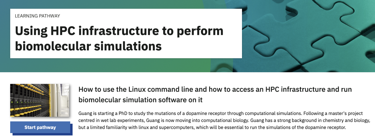 Screenshot of the initial page for the learning pathway ‘Using HPC infrastructure to perform biomolecular simulations’.