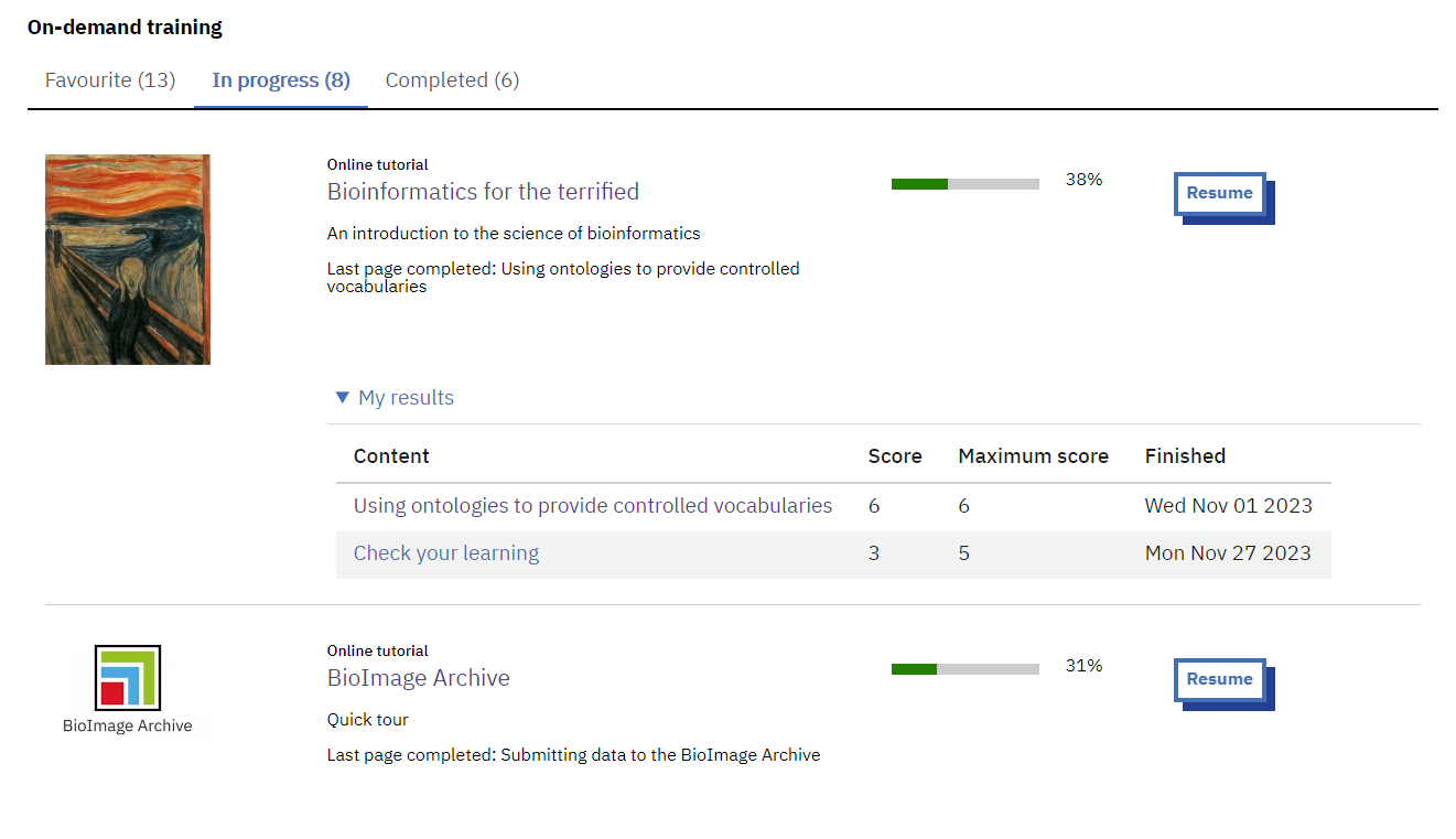 The my learning page includes favourited, in-progress and completed on-demand content.