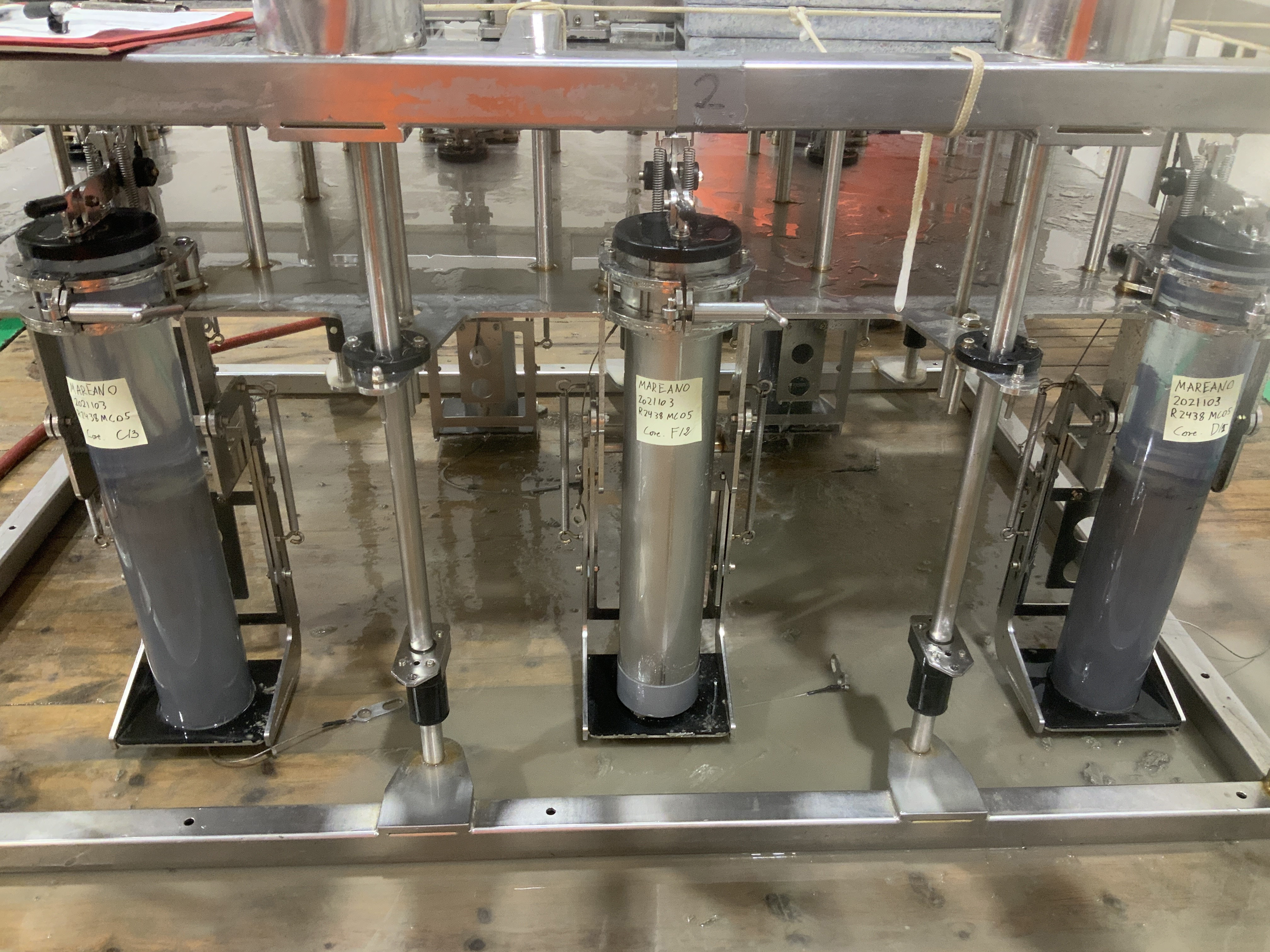 An image of a multi-corer containing sediment collected from the seafloor