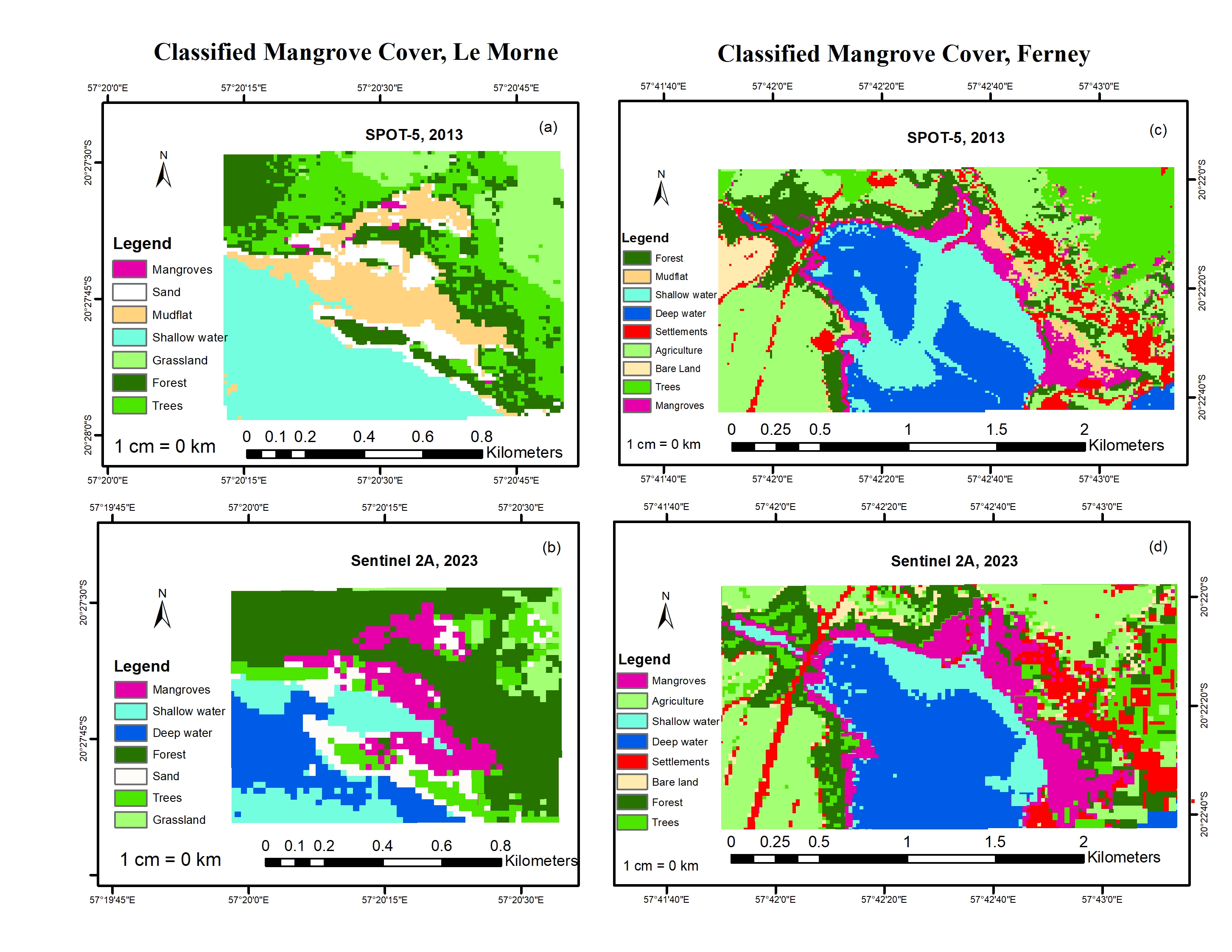 Classified mangrove cover at selected sites (a) Mangrove distribution at Le Morne in 2013 based on SPOT-5 image classification (b) Mangrove distribution at Le Morne in 2023 based on Sentinel 2A image classification (c) Mangrove distribution at Ferney in 2013 based on SPOT-5 image classification (d) Mangrove distribution at Le Morne in 2023 based on Sentinel 2A image classification