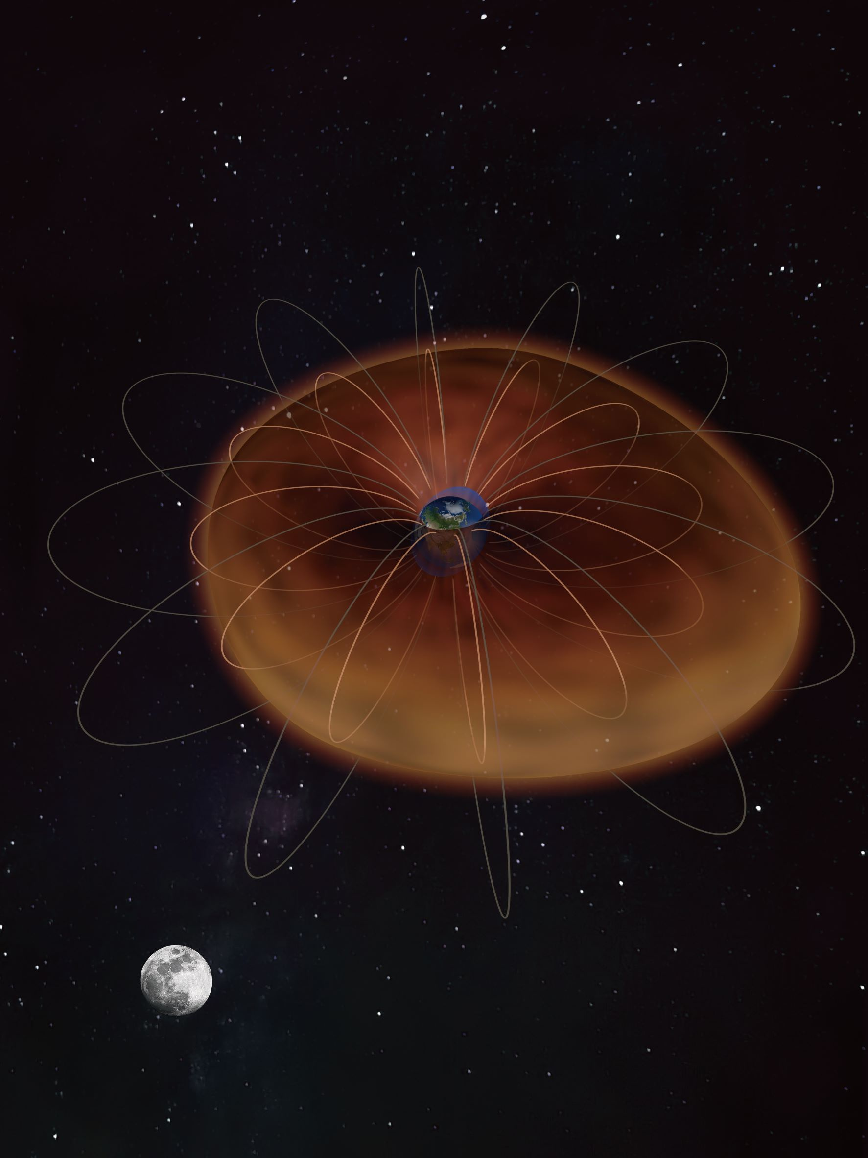 In this illustration, the curved solid lines represent magnetic field lines with the Earth at the center, and the moon is at the lower left. The orange torus region surrounding the Earth represents the plasmasphere. The bulge on the right of the Moon-Earth line (dusk side in lunar local time) represents the high tide while the depression on the left side of the Moon-Earth line (dawn side in lunar local time) represents the low tide. To highlight the differences of tides in the ocean and the plasmasphere, the blue ocean tide is also shown in this illustration. The lunar tide in the plasmasphere possesses distinct diurnal periodicities, which are different from the semidiurnal variations in the ocean. Meanwhile, the high tide of the lunar tide effects in plasmasphere is 90 degrees out of phase with ocean tidal high tides. These differences are due to the simultaneous involvement of gravity and electromagnetic forces in the lunar tide in the plasmasphere.