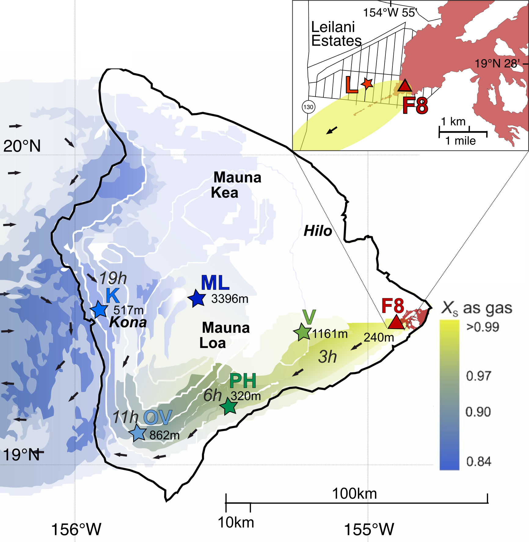A map showing how the volcanic plume travelled from the source around the Island of Hawai'i, and where we sampled it along its path.