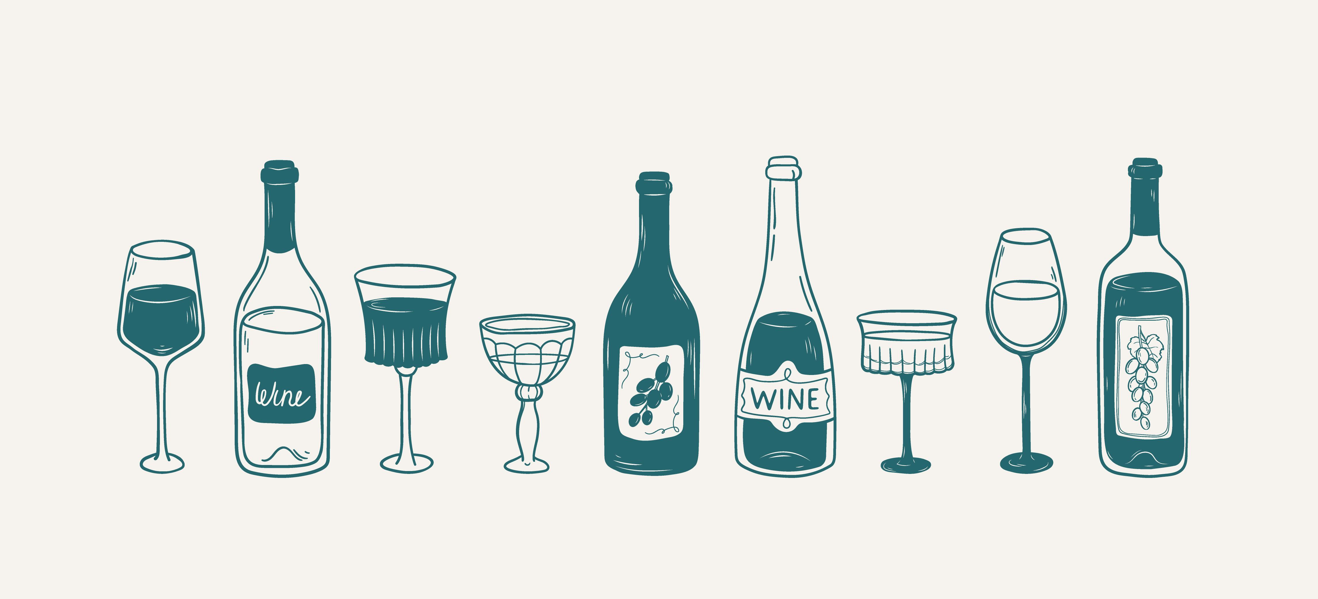 a row of glasses and bottles of wine