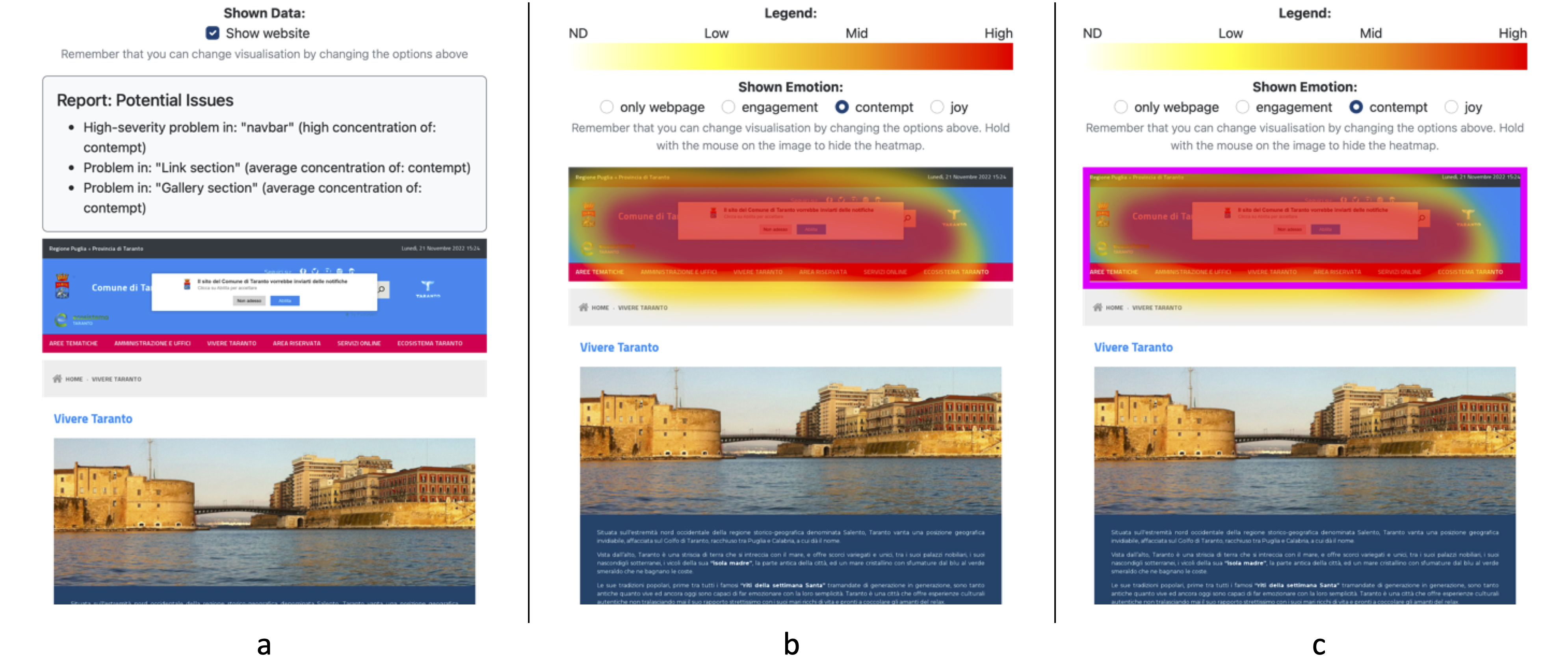 The different levels of automation/augmentation implemented in SERENE to help discover usability problems: a) a list of the usability problems; b) a heatmap showing the concentration of the emotions overlapped to the webpage; c) the heatmap of the previous visualization also extended with purple rectangles highlighting potential usability problems.