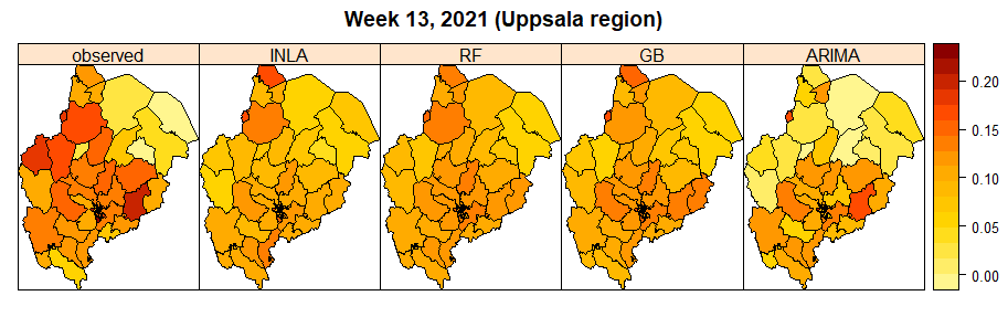 Maps of observed and predicted test positivity in week 13, 2021, at the peak of the third wave of the pandemic. Uppsala county (top) and zoom-in of Uppsala city (bottom). Map with spatio-temporal predictions of test positivity in Uppsala, Sweden