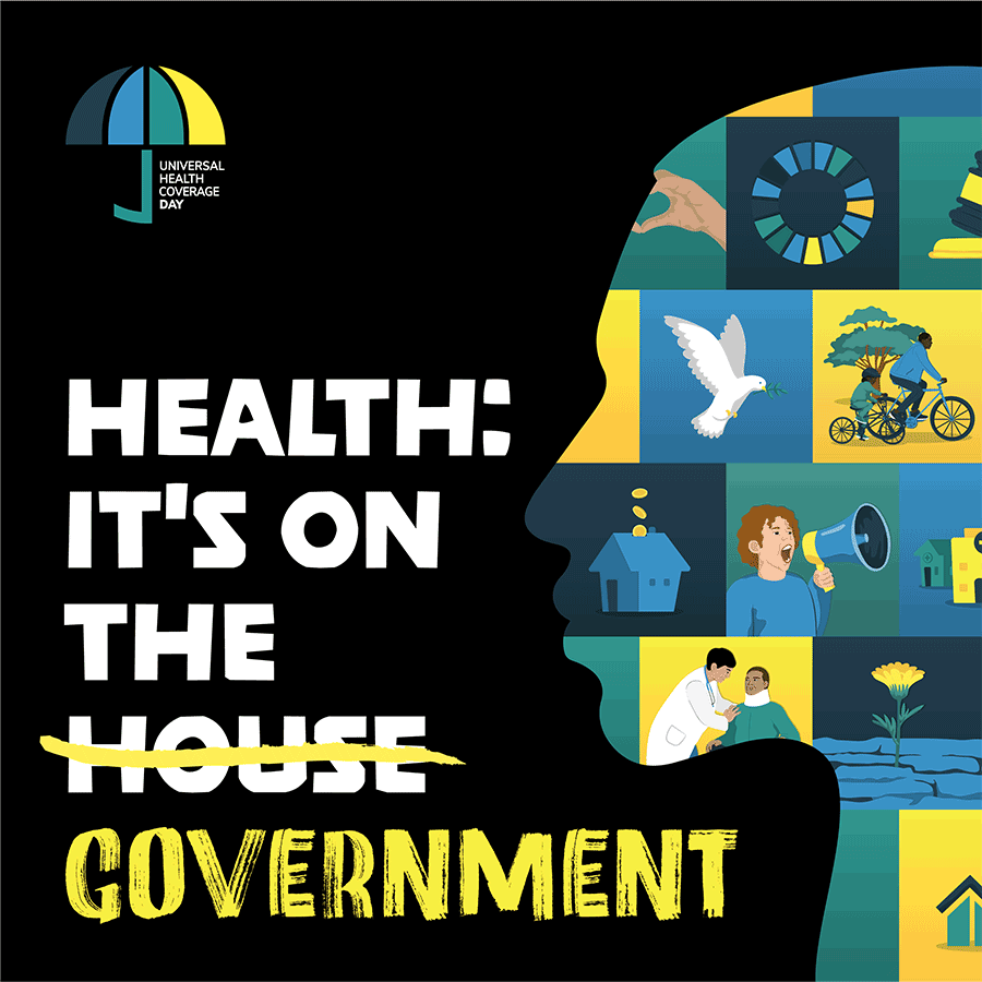 GIF of a silhouette with icons representing topics related to health, such as advocacy, peace and investment