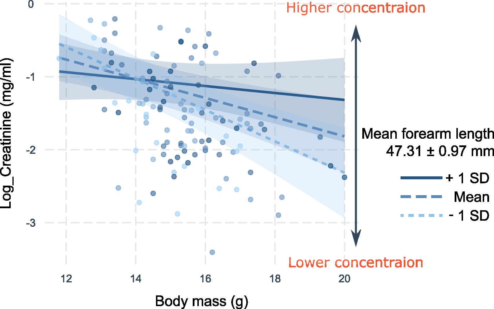 Visualised effect of the interaction term between body mass and forearm length on the creatinine concentration. 