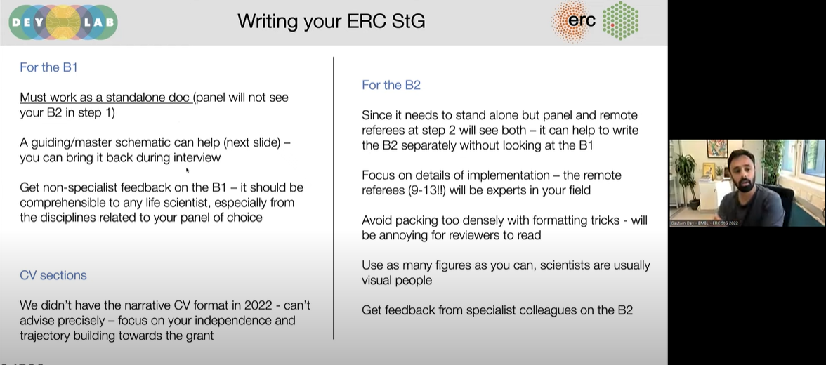 Screengrab of an online presentation showing a slide and a video thumbnail of the presenter