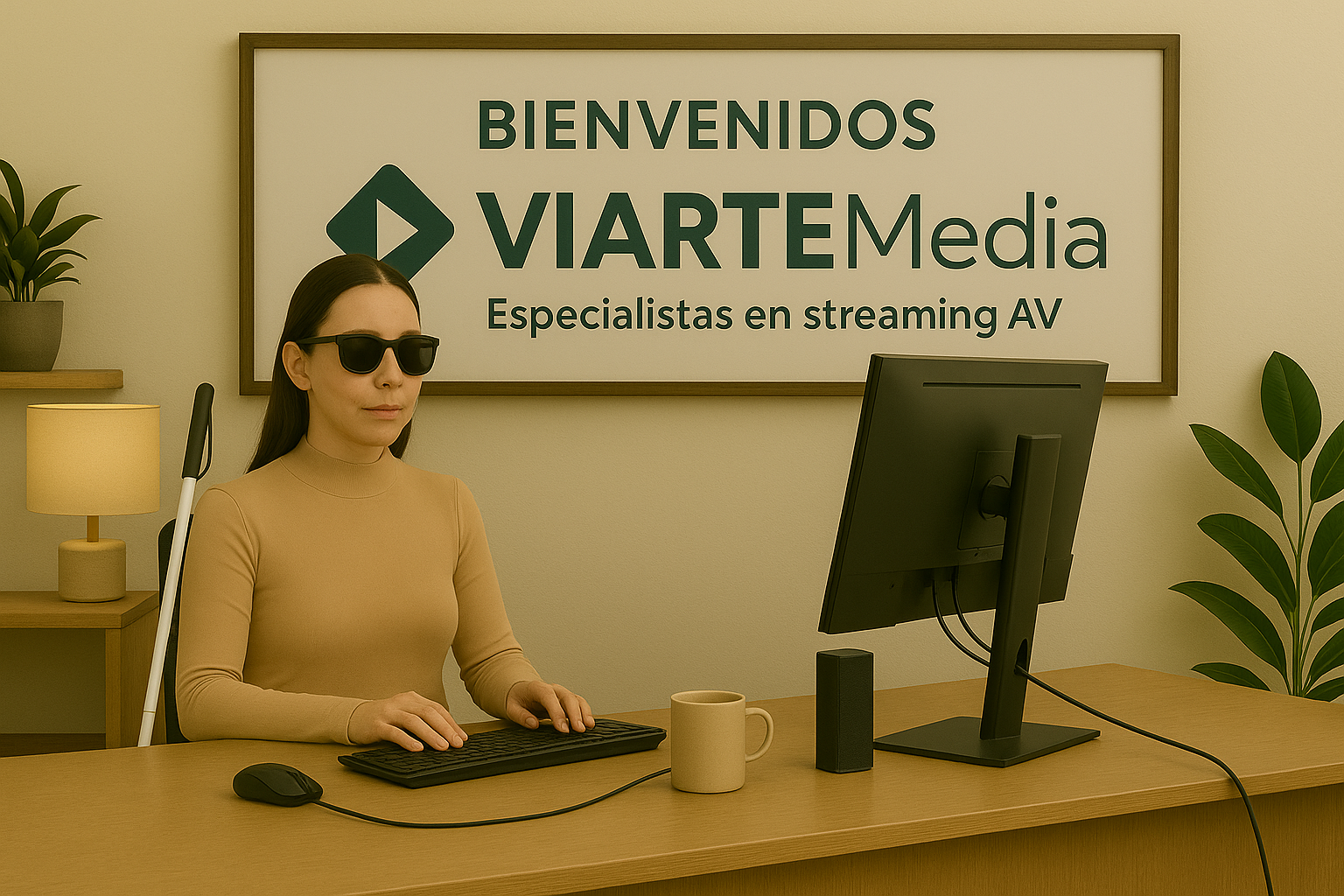 Recepcionista no vidente con computador