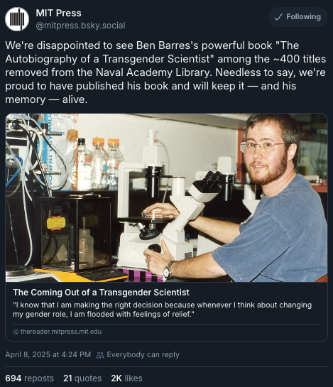 A social media post about the removal of this book from the Naval Academy Library