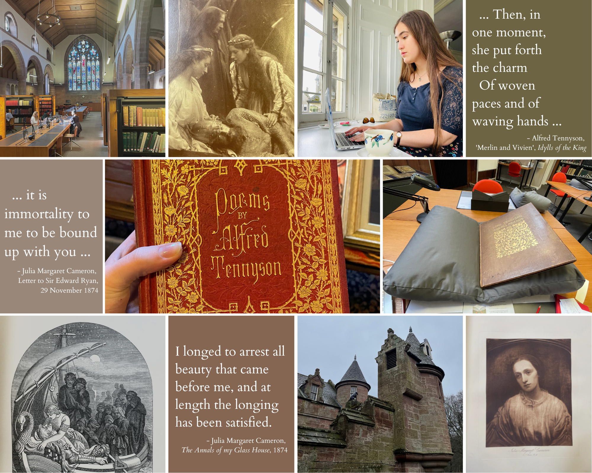 A collage of memories from my time as a Laidlaw Scholar thus far. All photographs are my own. Images of materials from the Special Collections of the University of St Andrews are credited to the University of St Andrews Libraries and Museums: Photo TR652.C2E75, Vol. 2 (second image, top row); Photo TR681.F3T46 (second image, middle row and third image, bottom row); r PR5550.E62 (first image, bottom row).