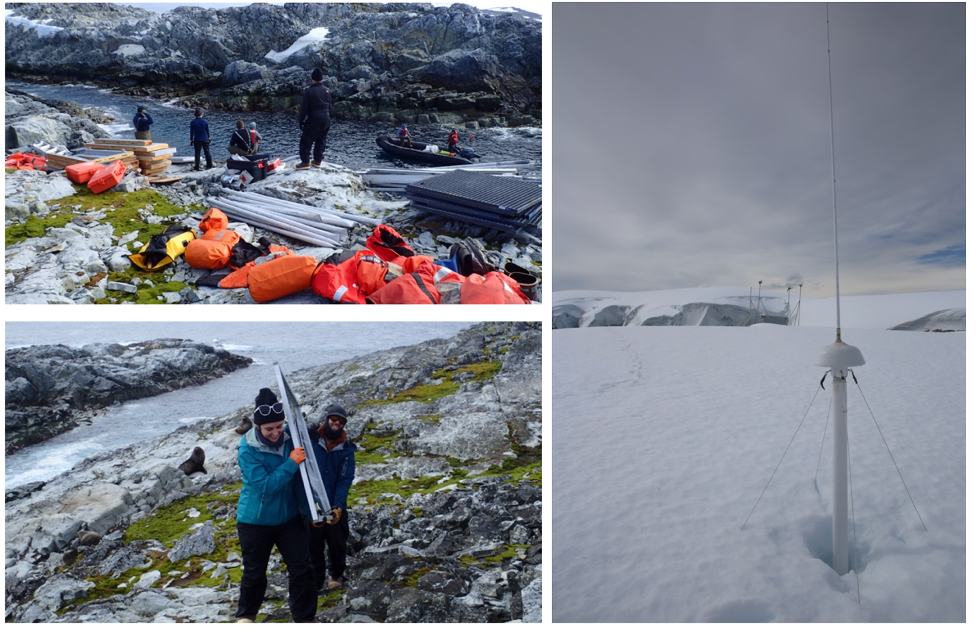 Upper left, the onshore team watches the small boat team motor away after hoisting equipment from the boat to shore and staging the equipment to be brought to the build sight on Joubins Island in 2020. Lower left, two shore team members carry a solar panel while disassembling the Remote Power Module as curious fur seals watch on Joubins Island in 2023. Right, the High Frequency Radar on Wauwermans Island (foreground) and the Remote Power Module (background) buried in about 8 feet of snow and ice in 2023. Photos courtosy of Jacquelyn Veatch.
