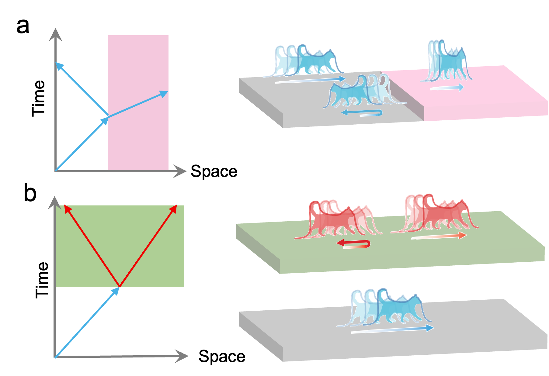Fig 1. (a) A spatial interface. A cat-shape signal impinging on such a spatial boundary is partially reflected. (b) A temporal interface. The same cat-shape signal is now scattered by the discontinuity in time, resulting a time-reflected signal with reversed temporal order and redshifted frequencies.