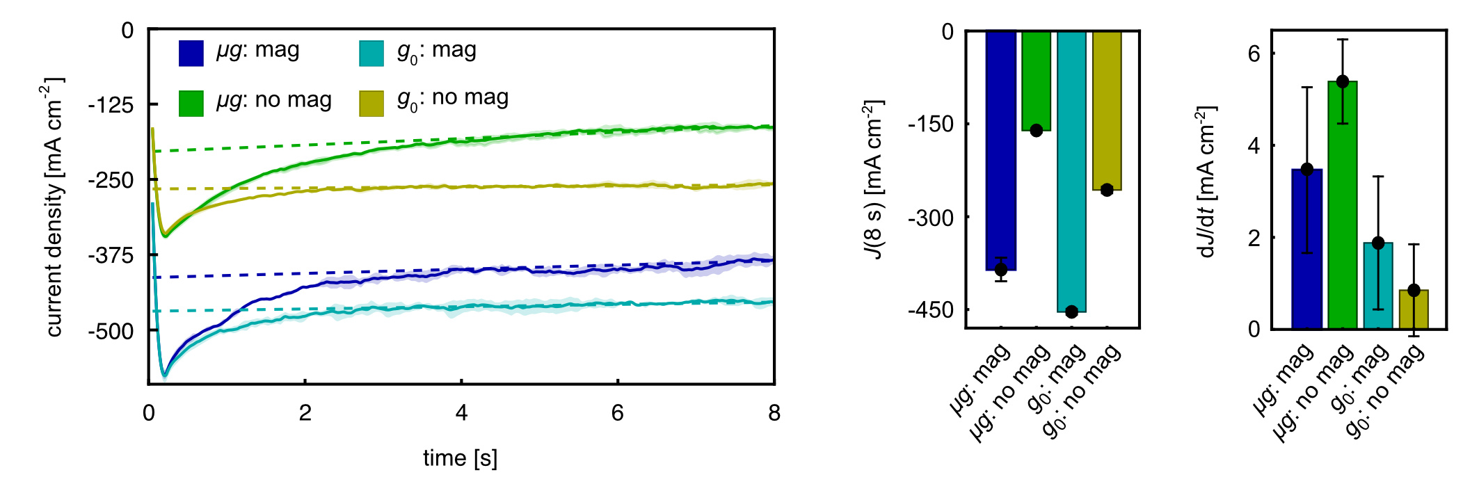 Electrochemical performance of a platinum mesh at -0.6 V vs. NHE. The Pt electrodes show current density improvements in the presence of a magnetic field in microgravity (μg) tests. Terrestrial tests (g0) were carried out as a reference.