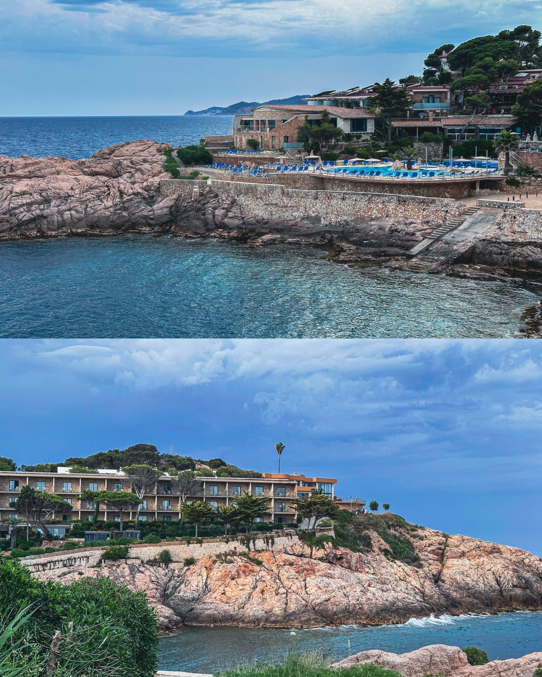 Two photos of a hotel by the sea.